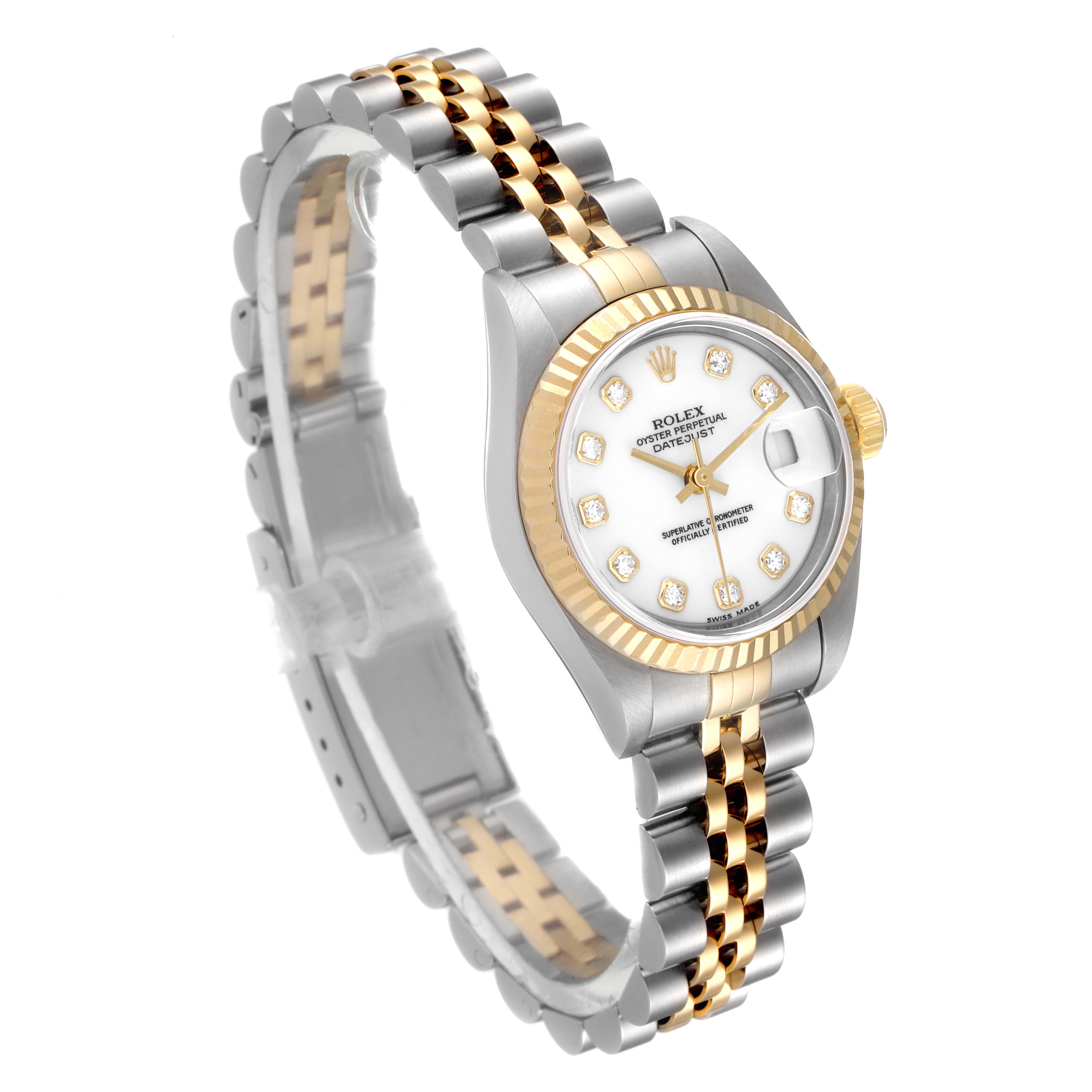 The image shows a Rolex Datejust 79173 Women's Steel and Gold (two tone) White Dial 79173 Women's Steel and Gold (two tone) White Dial watch at a slight angle, highlighting its gold and silver bracelet, bezel, and white dial with diamond hour markers.