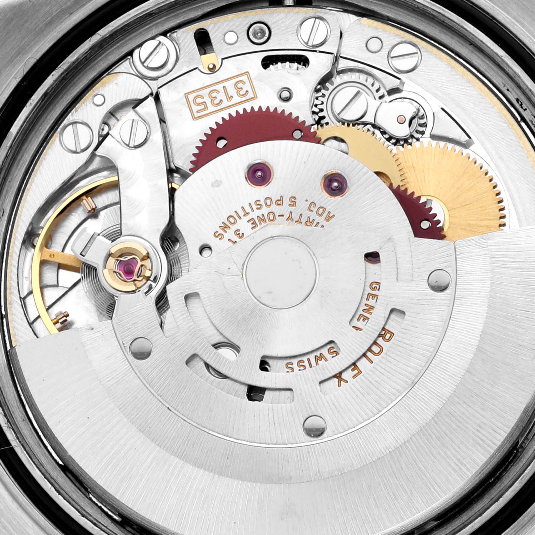 The image shows the internal mechanical movement of a Rolex Datejust watch, viewed from the back angle.
