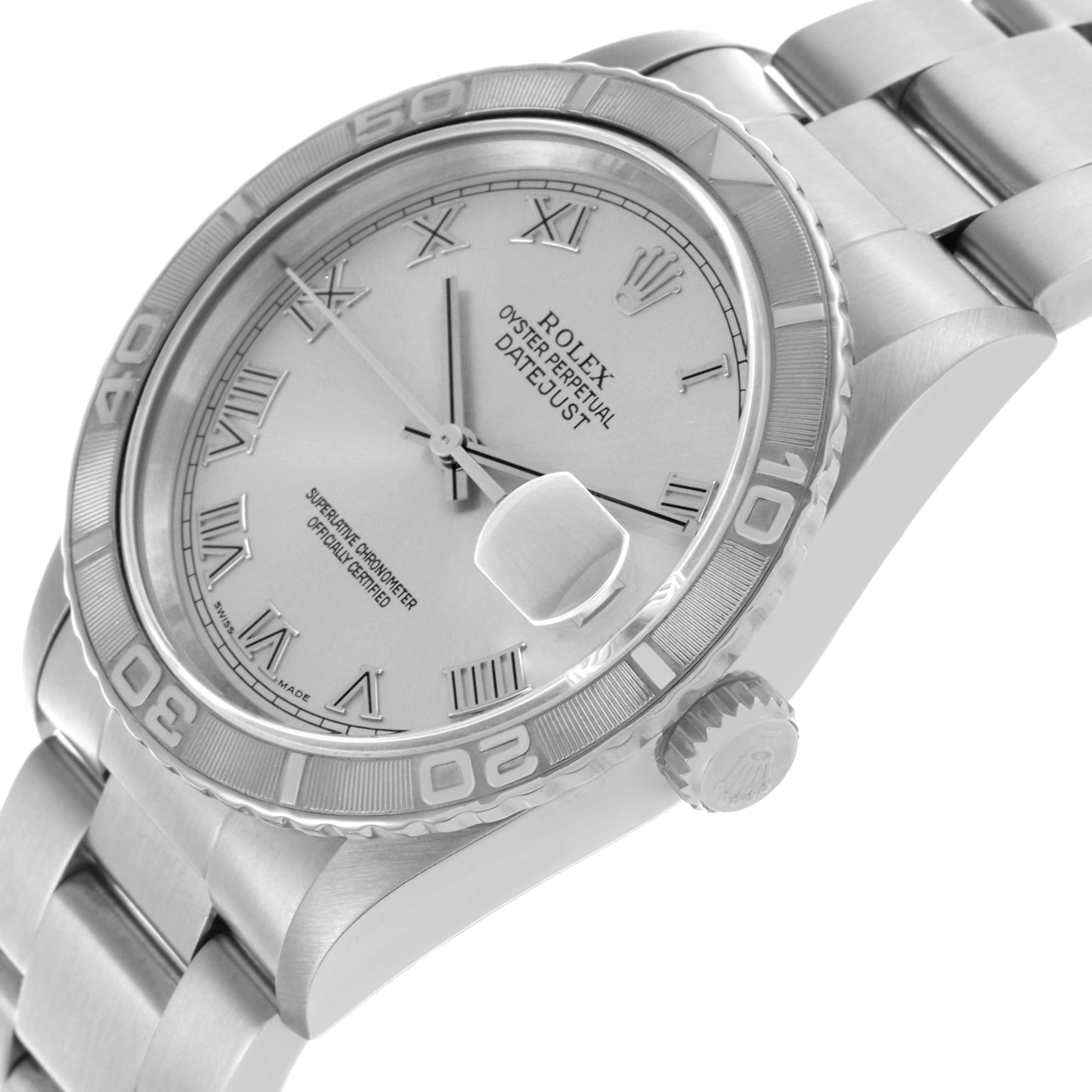 The Rolex Datejust is shown at a slight angle, displaying the bezel, dial with Roman numerals, bracelet, and crown.