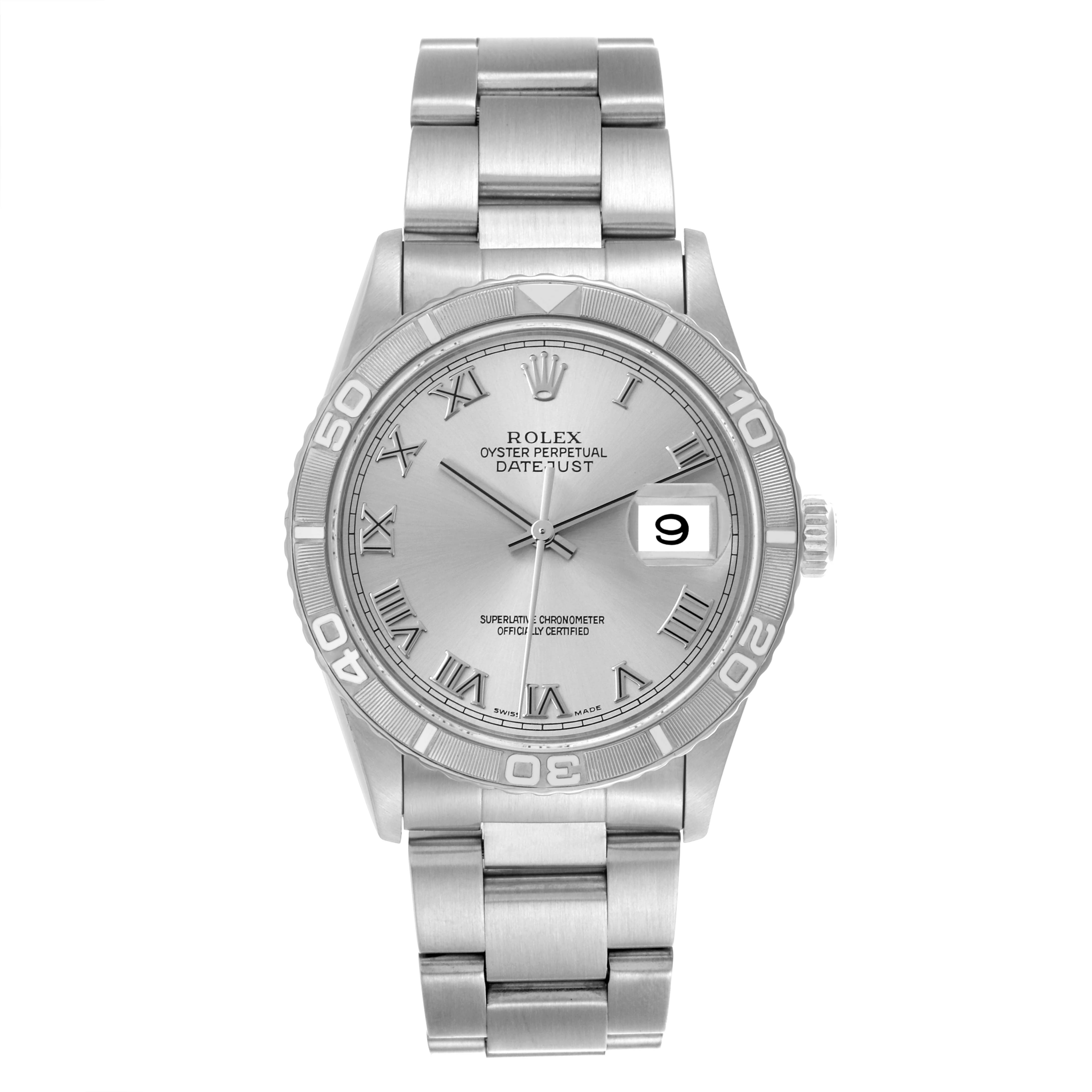 The Rolex Datejust watch is shown from a front angle, displaying the dial, bezel, bracelet, and crown.