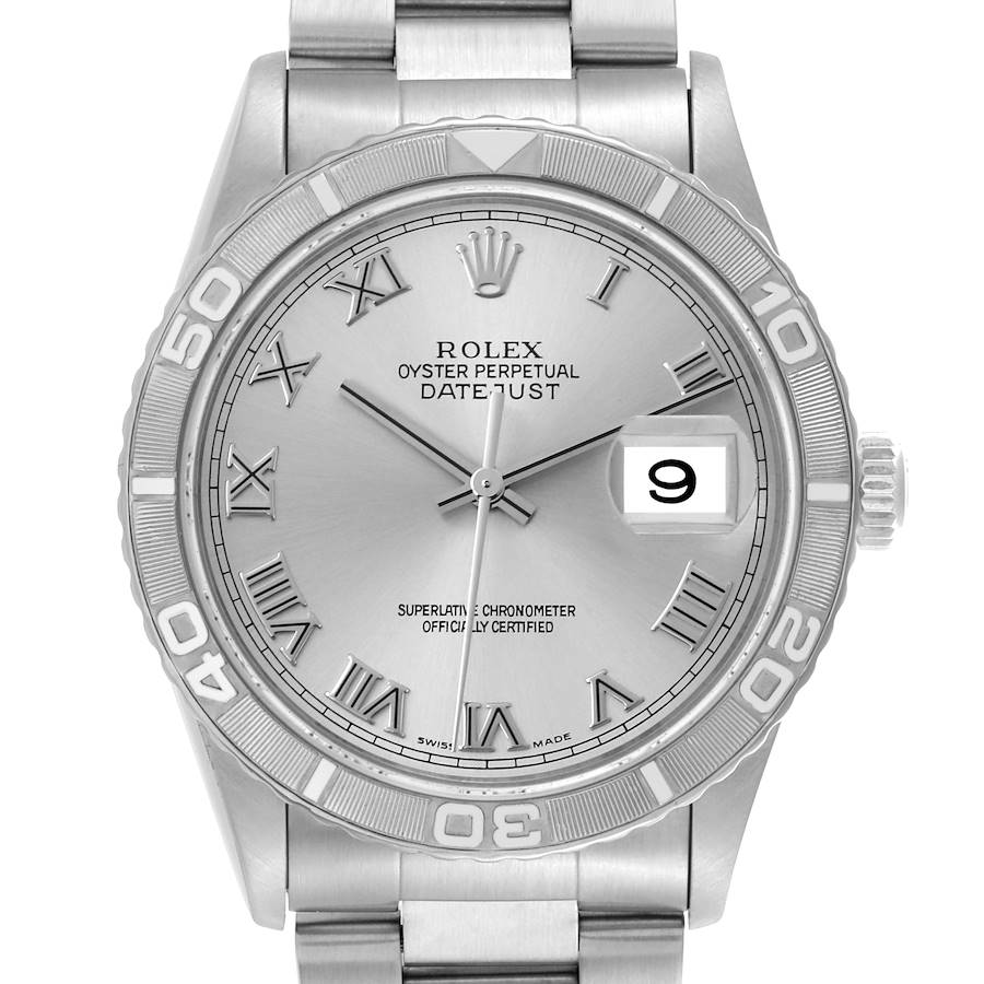 The image shows a Rolex Datejust watch from a front angle, highlighting its dial, bezel, crown, and bracelet.