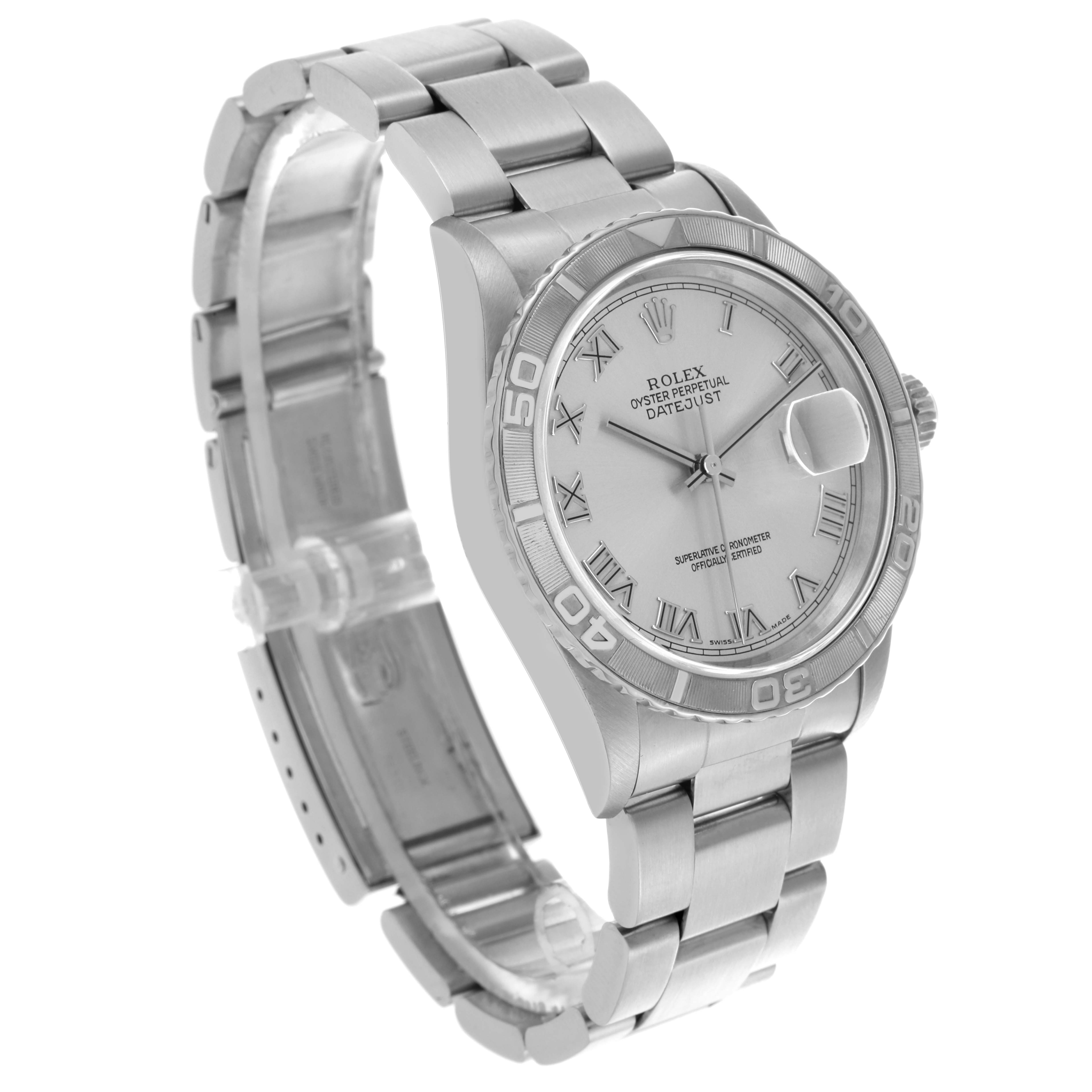 The Rolex Datejust watch is shown at a three-quarter angle, highlighting the dial, bezel, bracelet, and clasp.