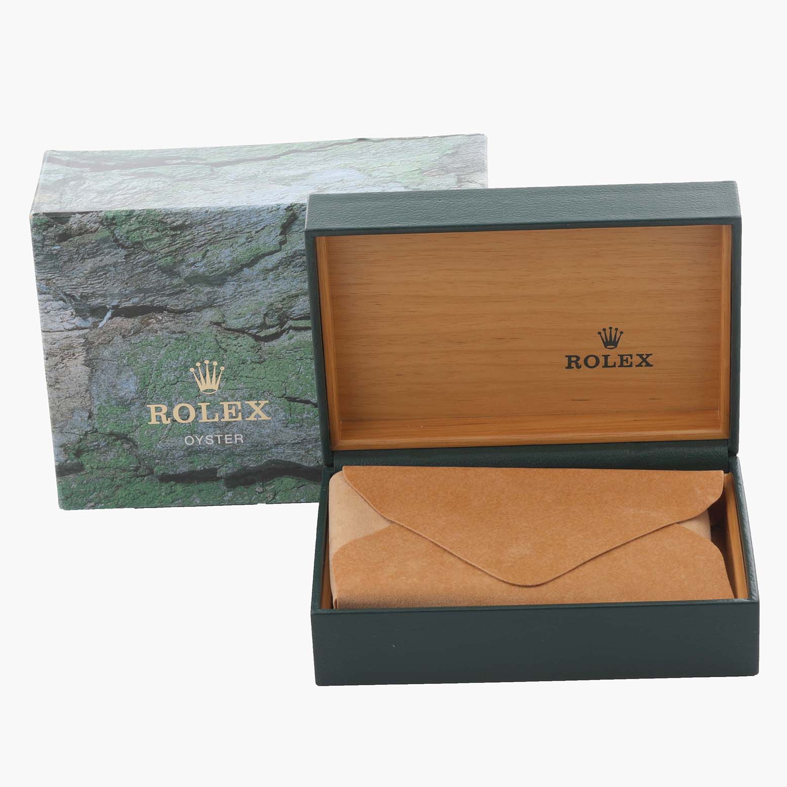 The image shows the open box and packaging of a Rolex Datejust watch, displaying the inner and outer boxes.