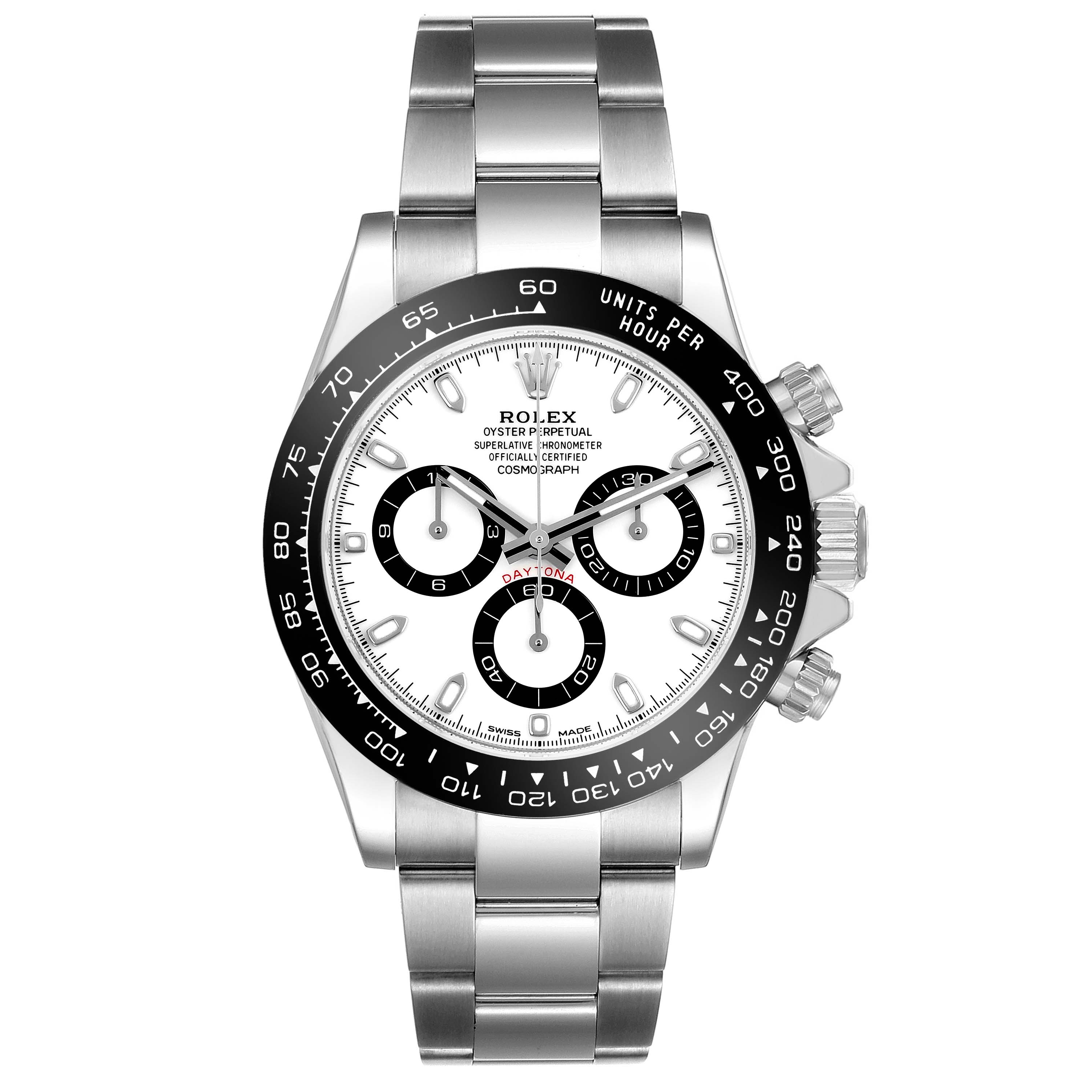 The Rolex Daytona 116500LN Men's Stainless Steel White Dial 116500LN Men's Stainless Steel White Dial watch is shown from a front angle, highlighting its bezel, dial, subdials, and metal bracelet.