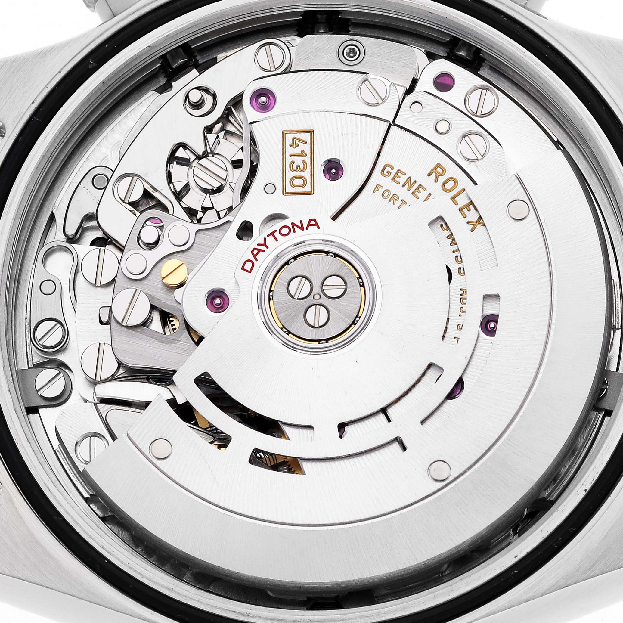 The image shows the movement of the Rolex Daytona 116500LN Men's Stainless Steel White Dial 116500LN Men's Stainless Steel White Dial watch from the back, highlighting its intricate mechanical components.