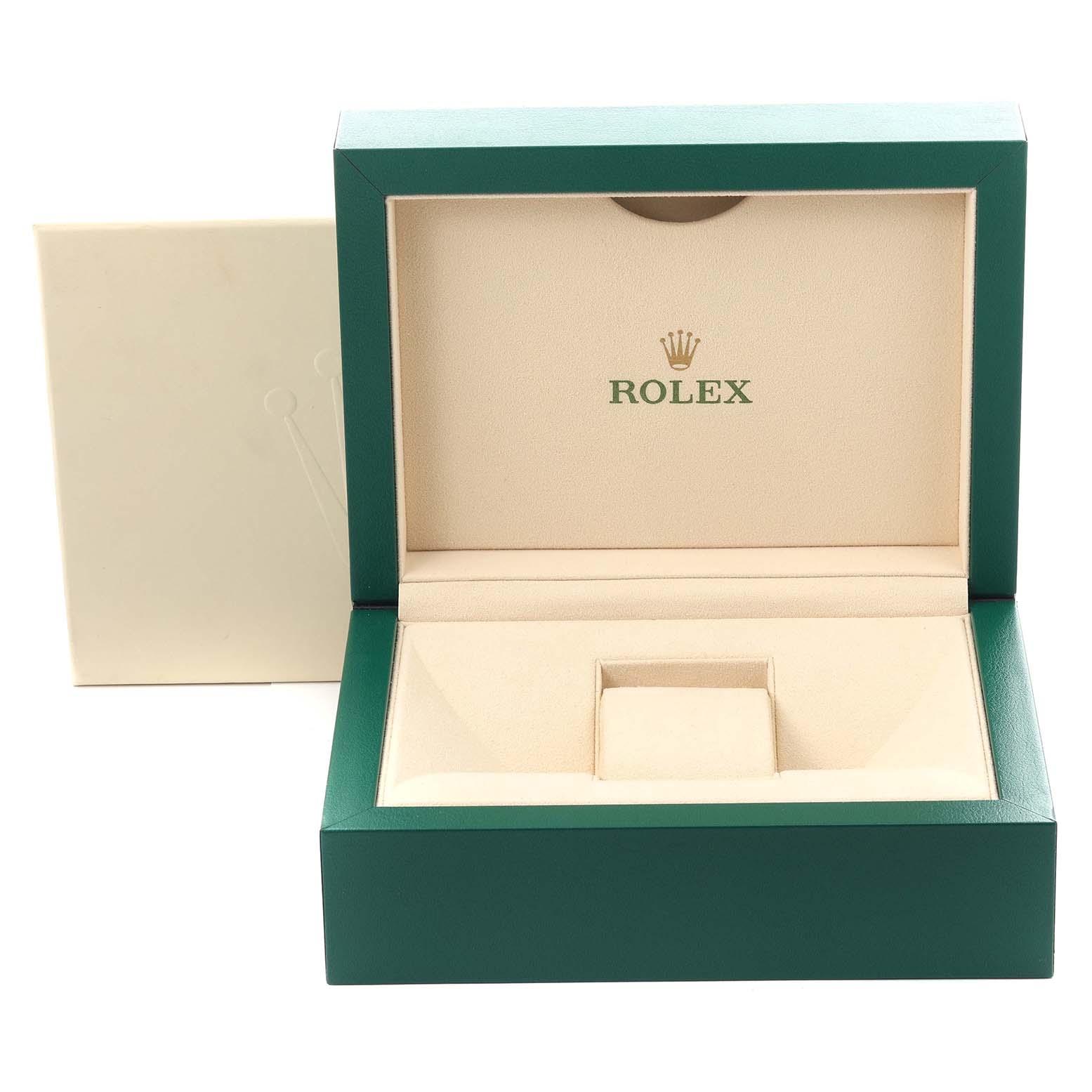 The image shows an open Rolex Daytona 116500LN Men's Stainless Steel White Dial 116500LN Men's Stainless Steel White Dial watch box from a front angle, featuring green and beige colors with the Rolex logo inside.