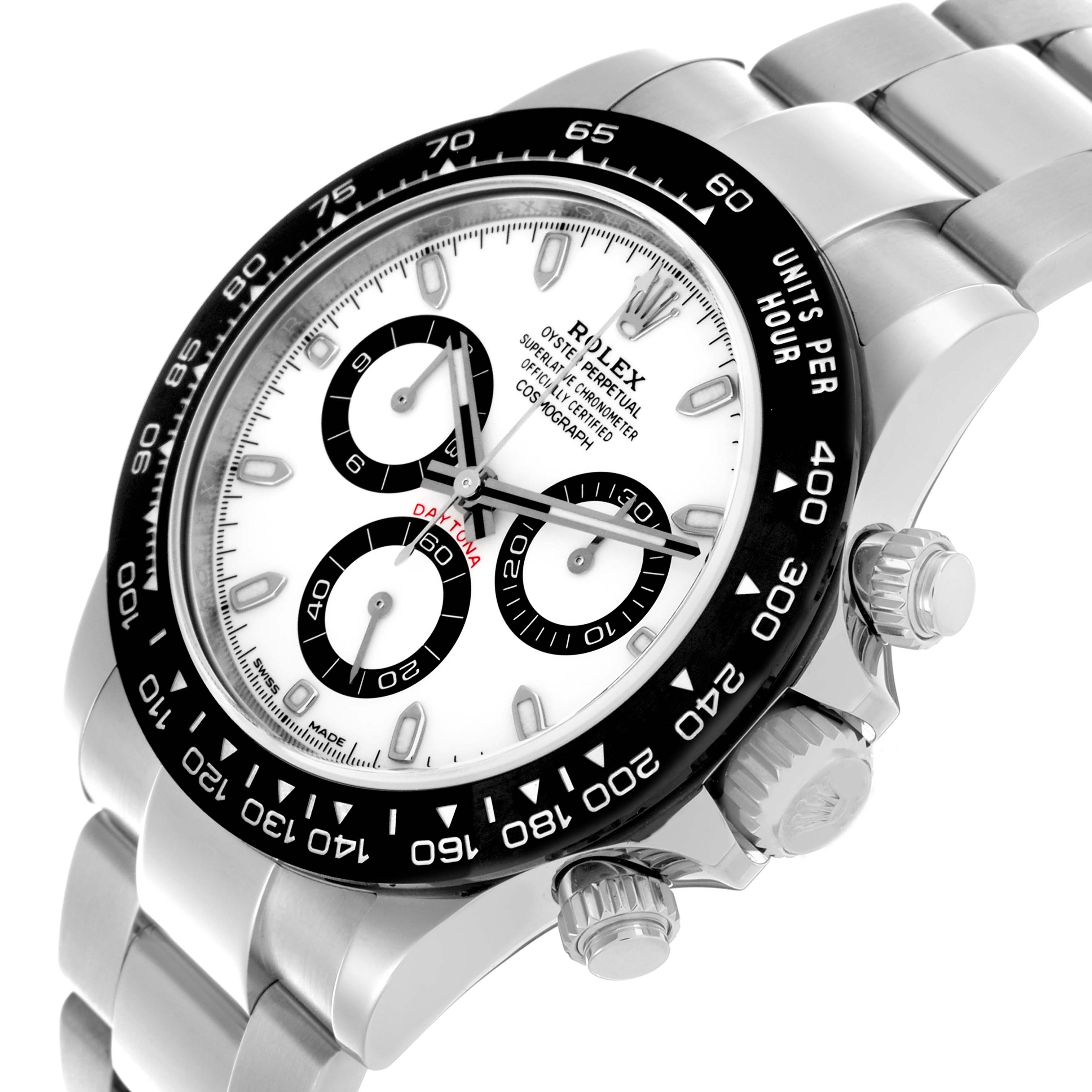 The Rolex Daytona 116500LN Men's Stainless Steel White Dial 116500LN Men's Stainless Steel White Dial watch is shown at an angled close-up, highlighting the dial, bezel, pushers, and part of the bracelet.