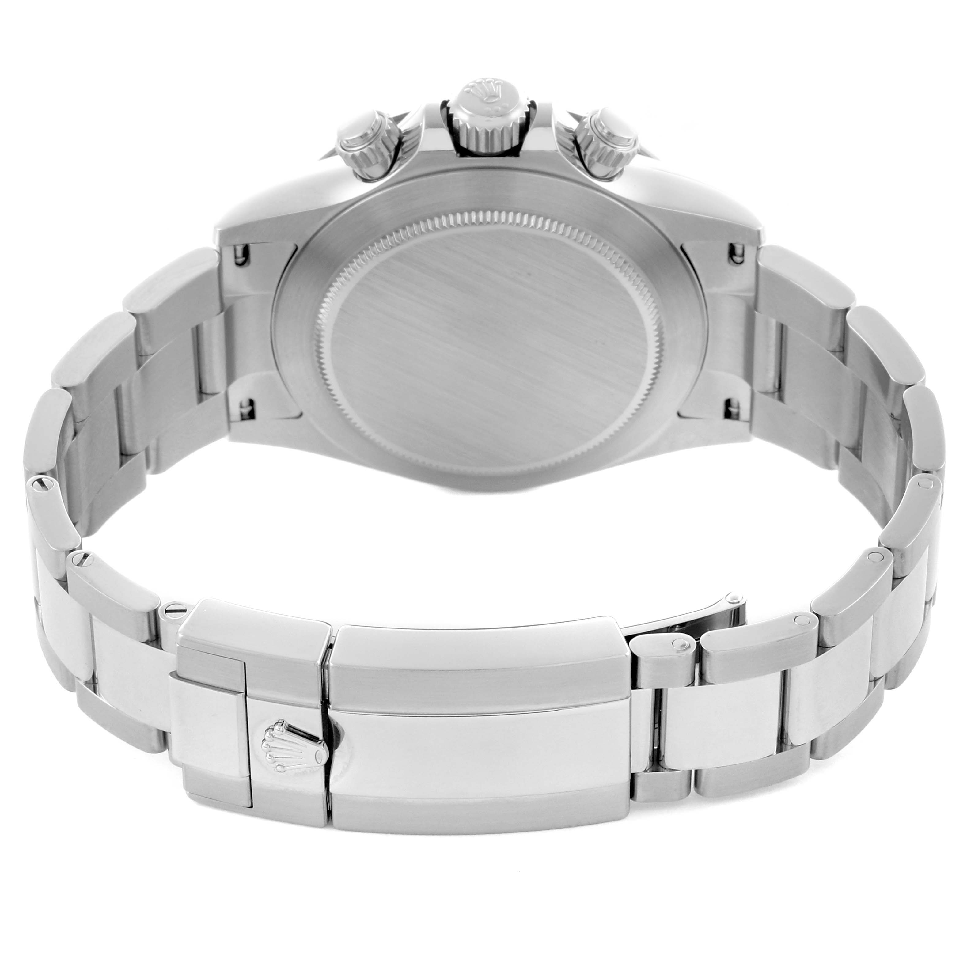 The image shows the back view of a Rolex Daytona 116500LN Men's Stainless Steel White Dial 116500LN Men's Stainless Steel White Dial watch, highlighting the clasp, bracelet, and case back.