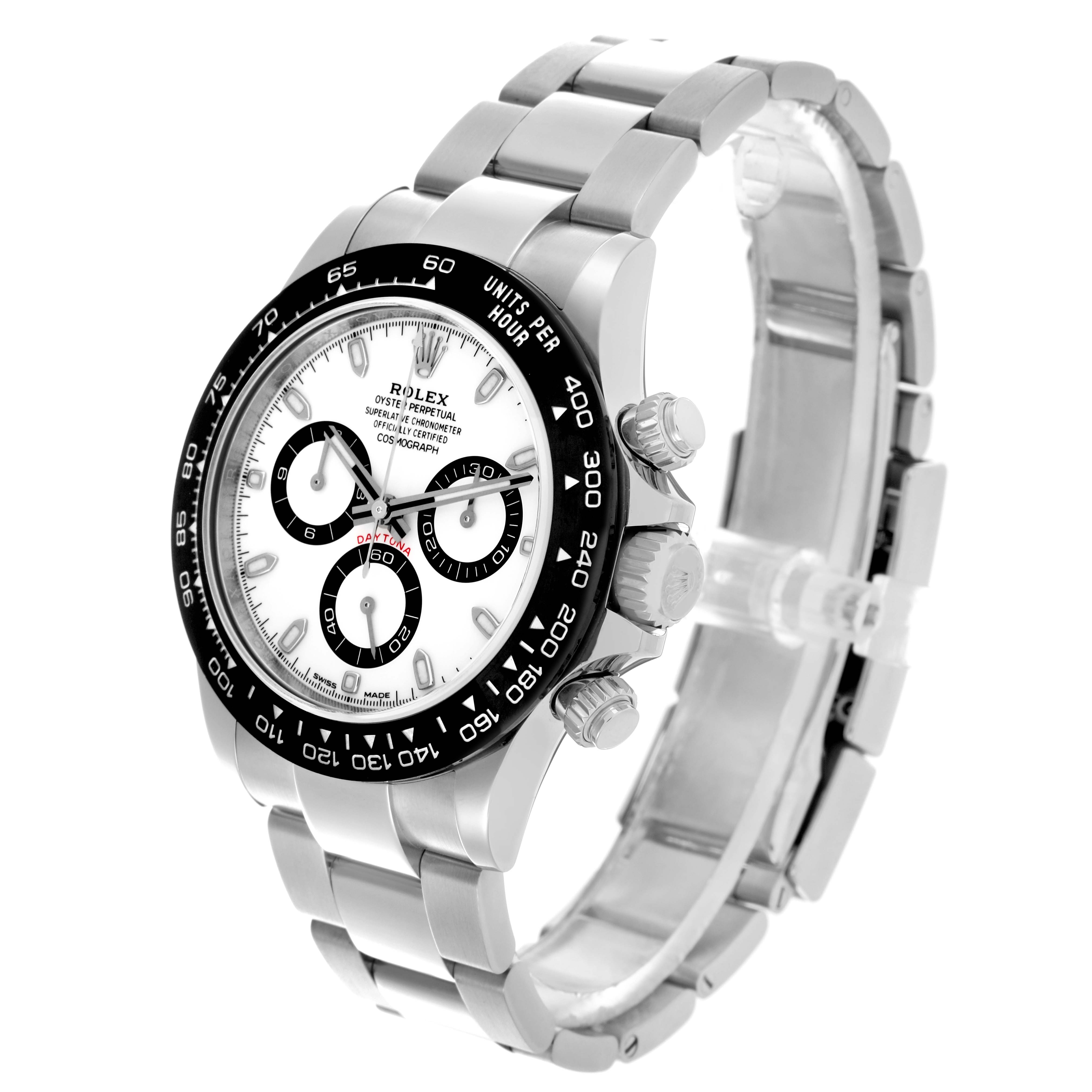 The Rolex Daytona 116500LN Men's Stainless Steel White Dial 116500LN Men's Stainless Steel White Dial watch is shown at a three-quarter angle, highlighting its dial, bezel, pushers, and bracelet.