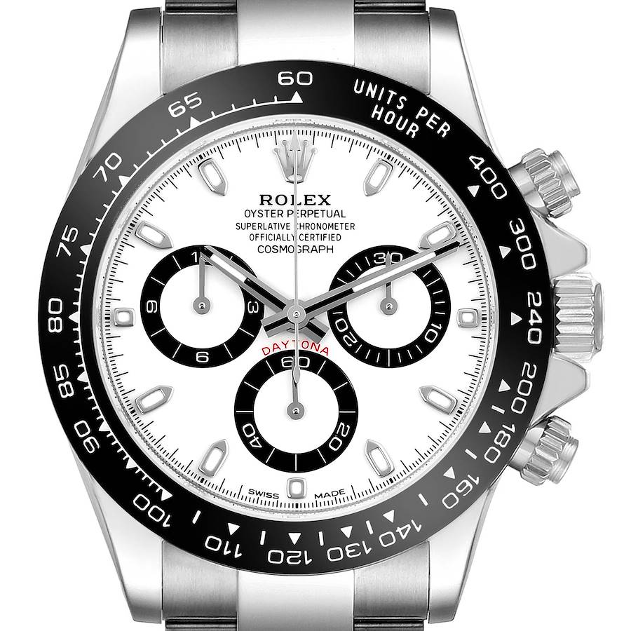 The Rolex Daytona watch is shown from a front angle, highlighting the dial, bezel, and crown.