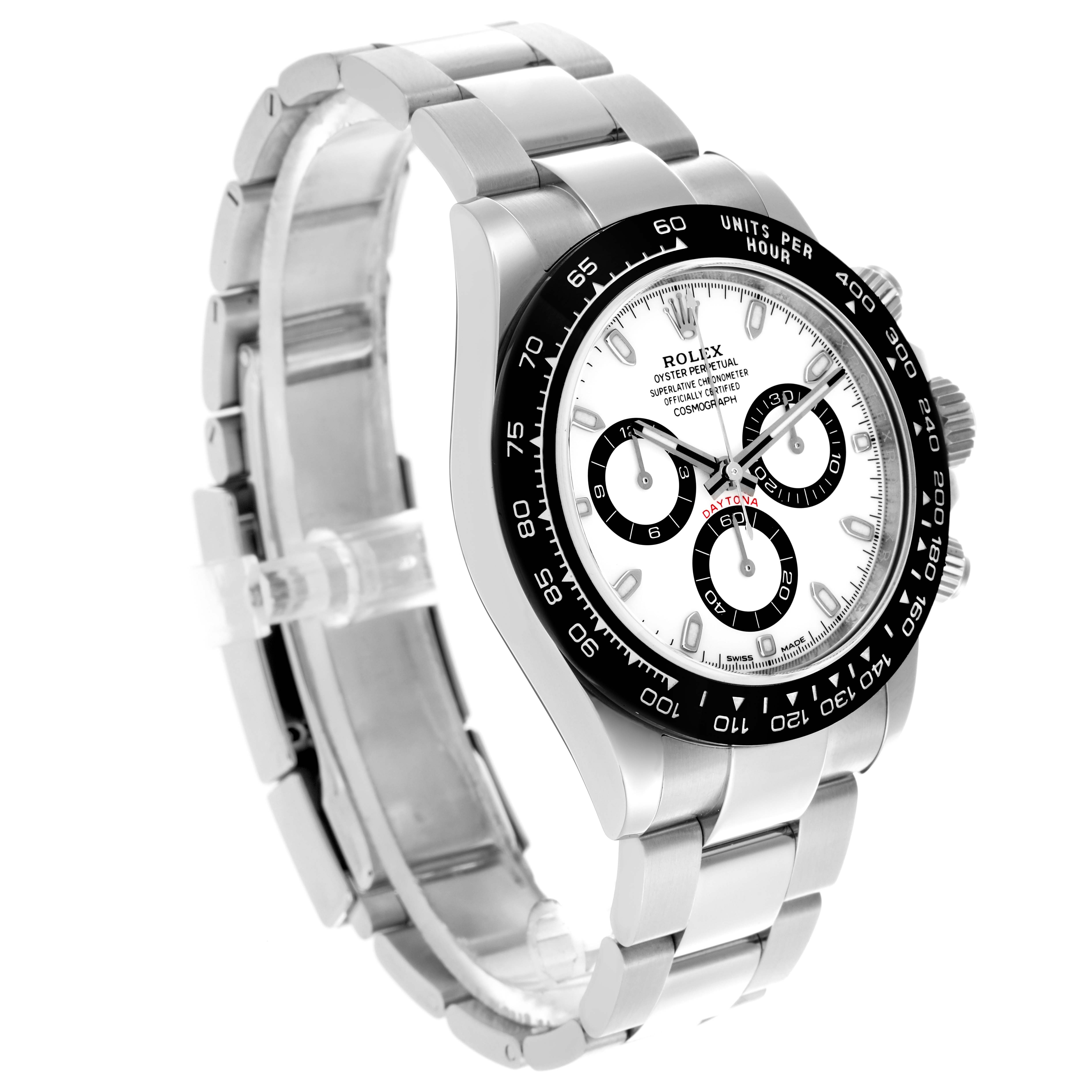 The Rolex Daytona 116500LN Men's Stainless Steel White Dial 116500LN Men's Stainless Steel White Dial watch is shown at a three-quarter angle, displaying the face, bezel, crown, and full metal bracelet.