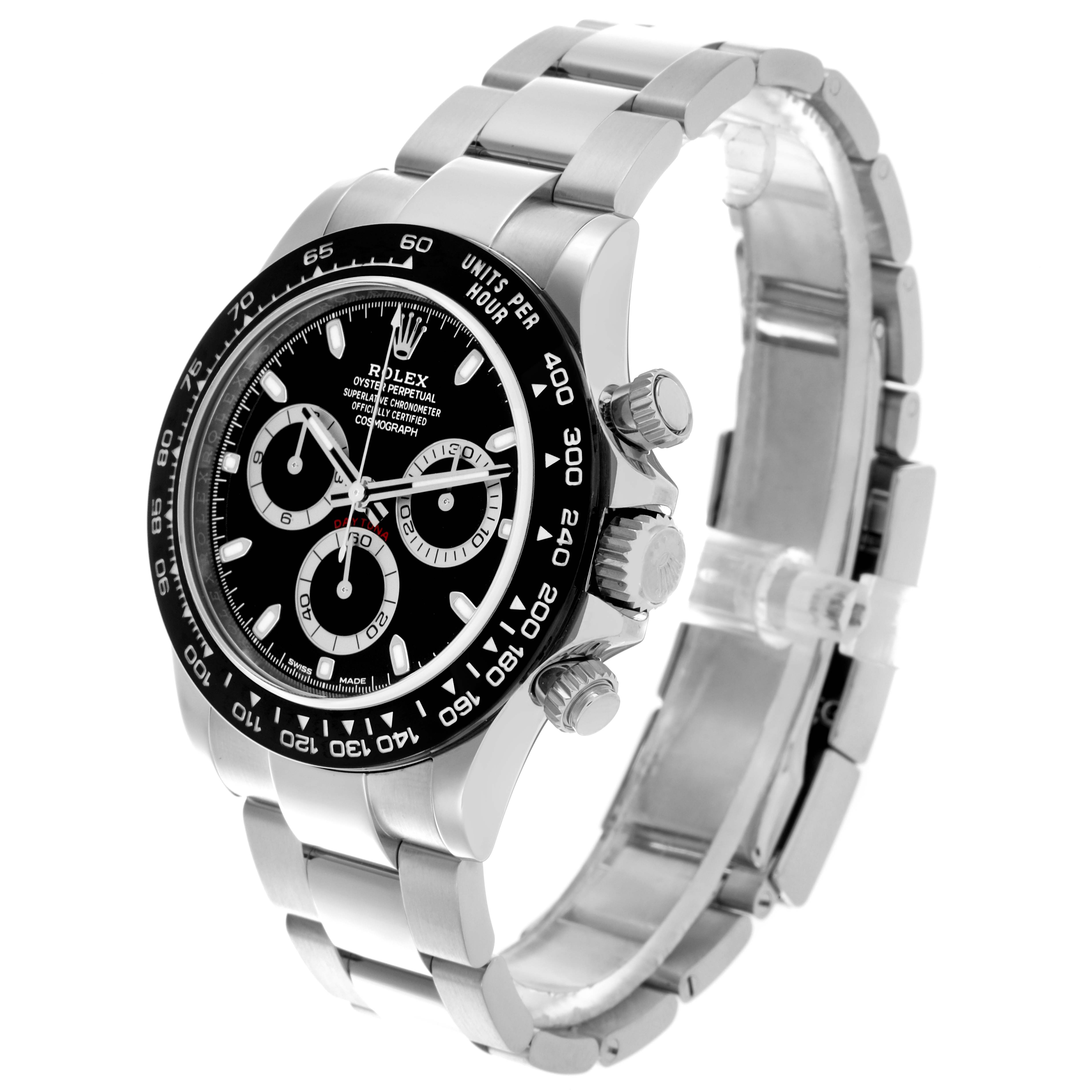 The image shows a Rolex Daytona 116500LN Men's Stainless Steel Black Dial 116500LN Men's Stainless Steel Black Dial, not a Datejust, at a three-quarter angle highlighting its face, bezel, and bracelet.