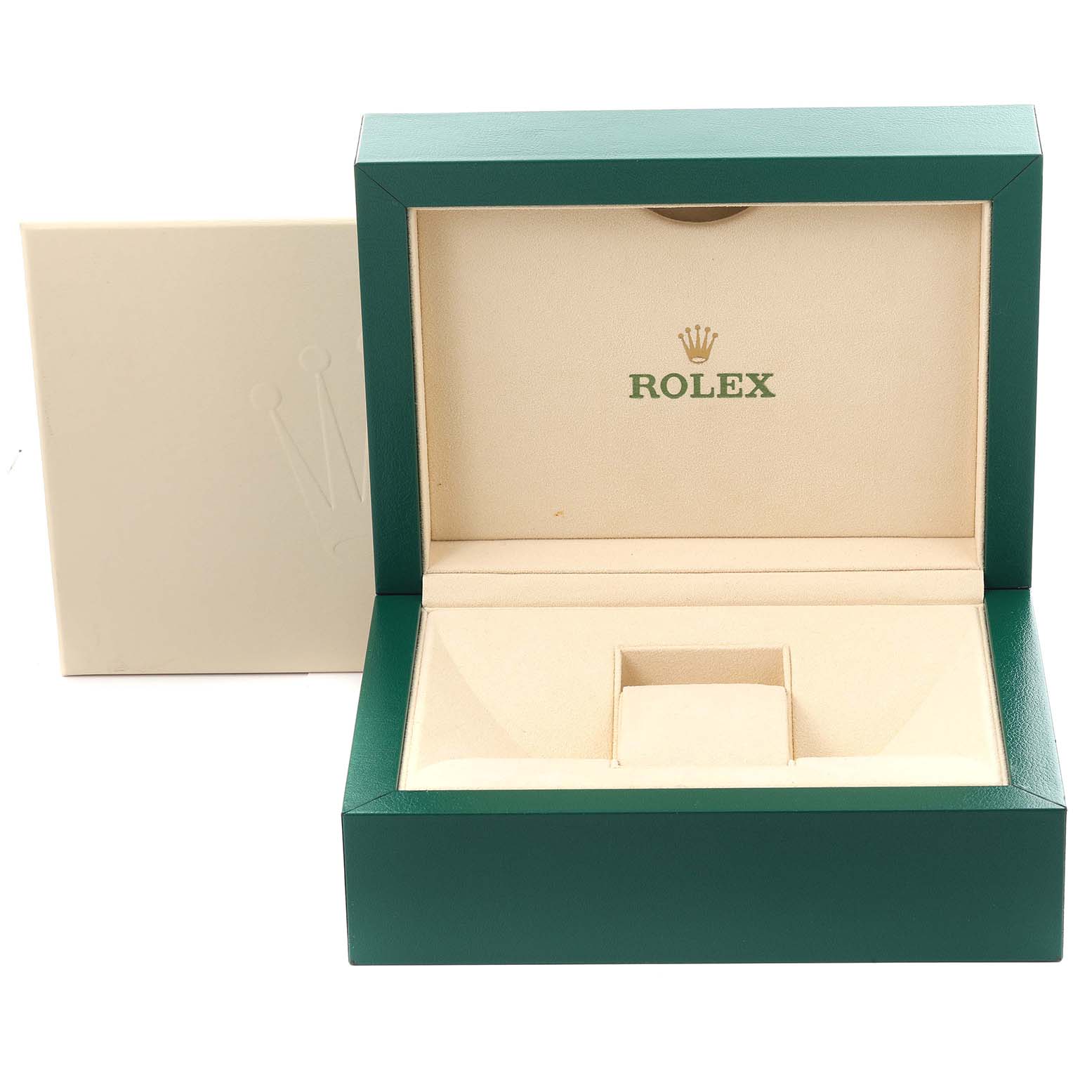 The image shows an open Rolex Datejust watch box, highlighting the green and beige interior with the Rolex logo.