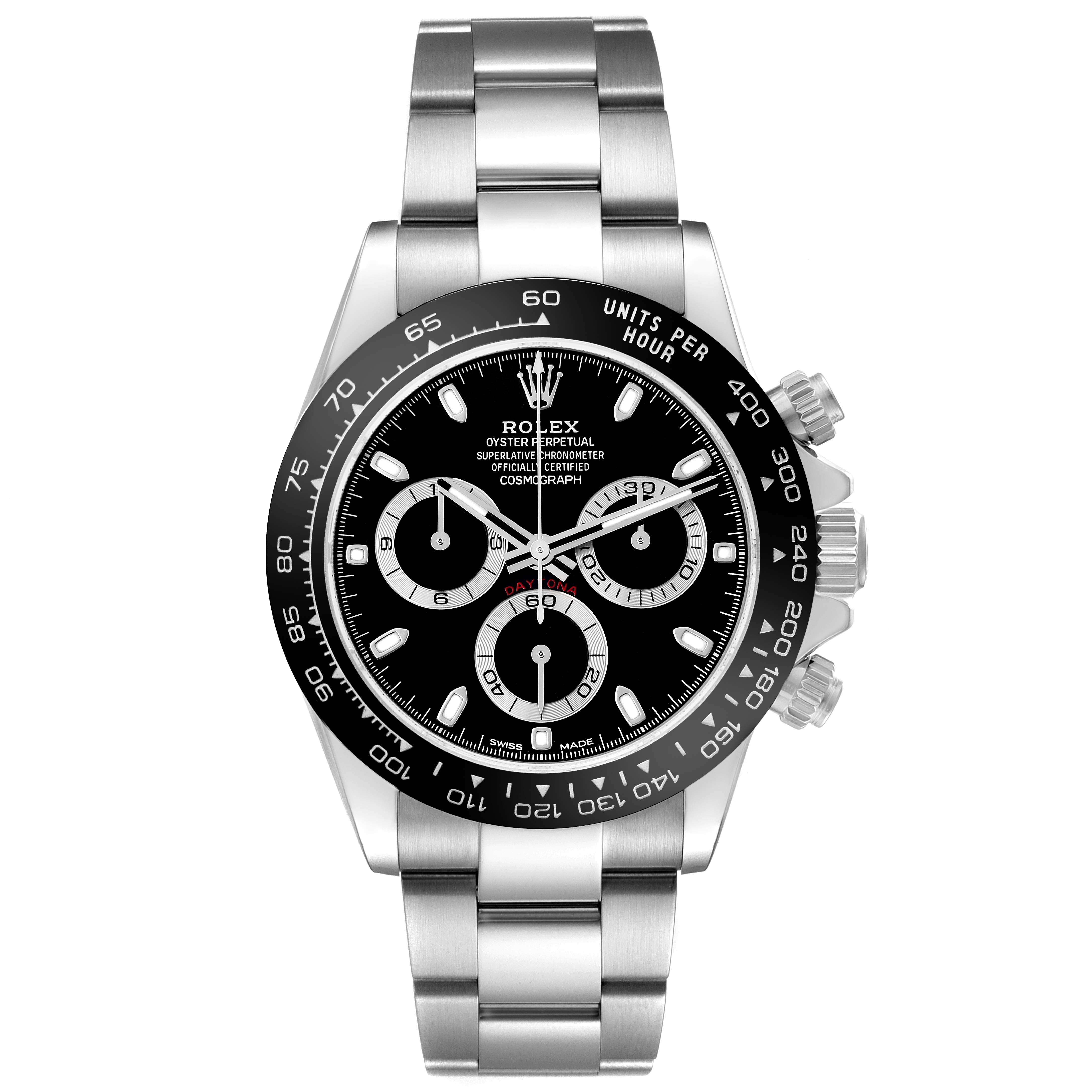 This Rolex watch is shown from a front angle, displaying the bracelet, bezel, crown, and dial with sub-dials.