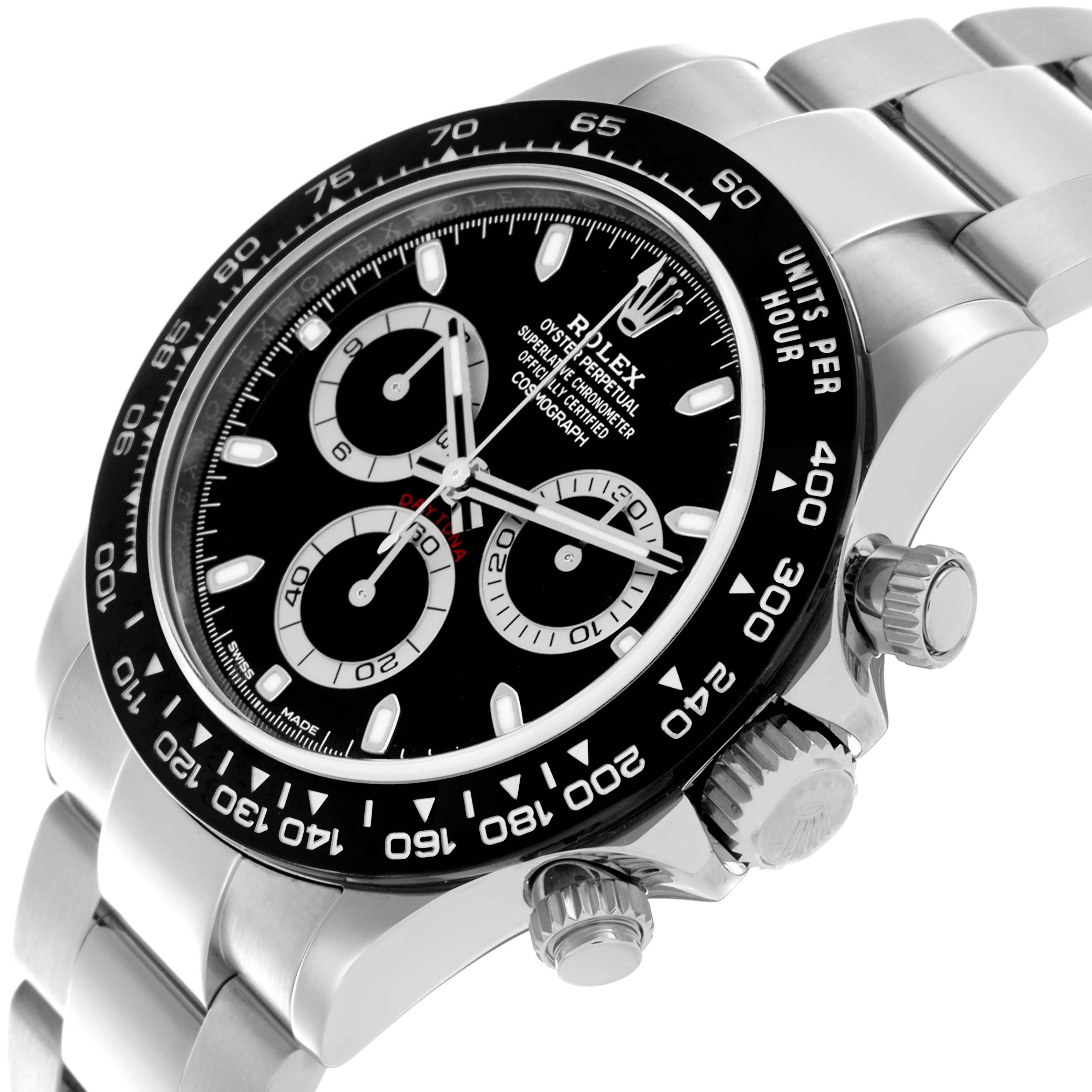 The image shows a Rolex Daytona 116500LN Men's Stainless Steel Black Dial 116500LN Men's Stainless Steel Black Dial, showcasing the bezel, dial, crown, and bracelet from a side angle.