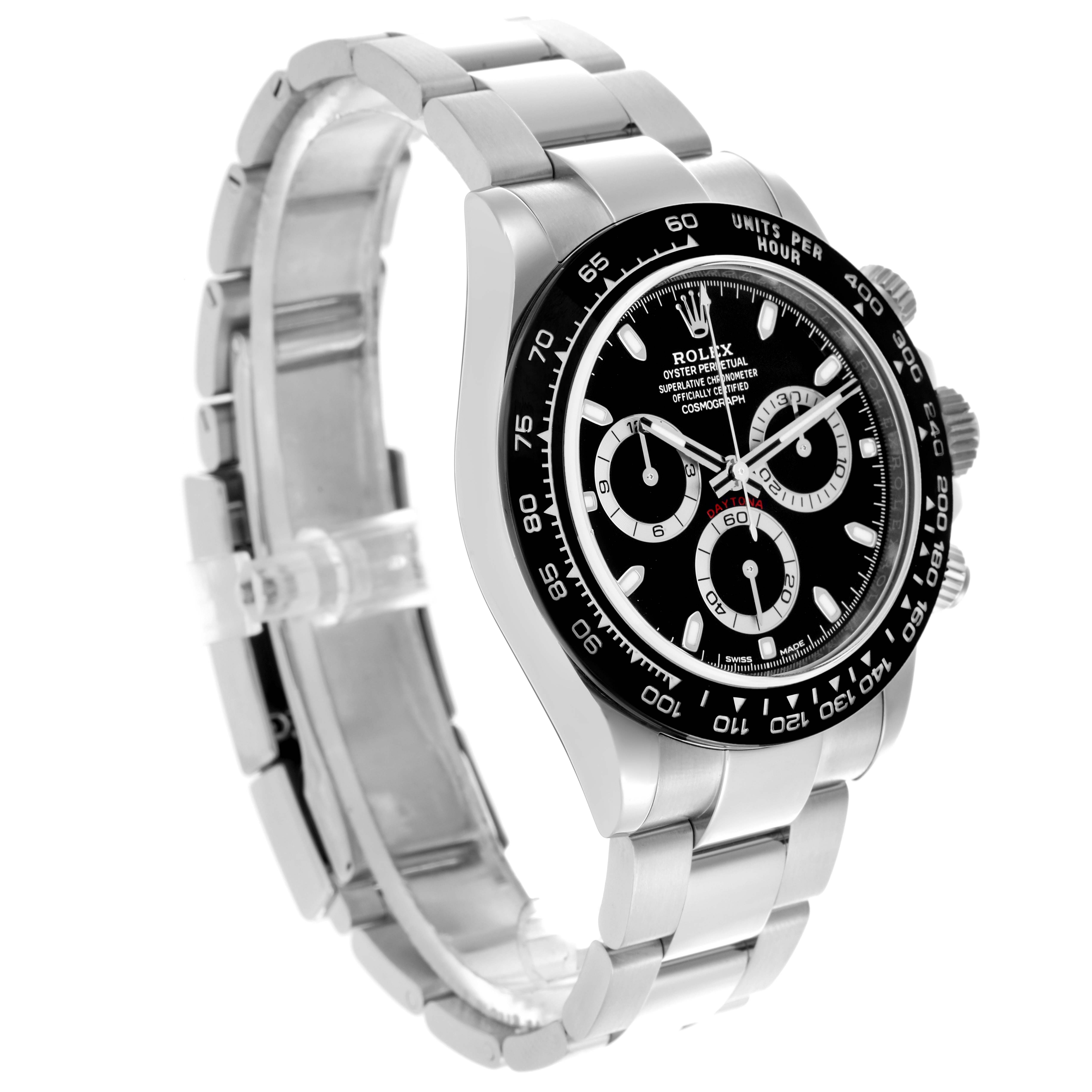 The image shows a Rolex Cosmograph Daytona at an angled view, highlighting its dial, bezel, and bracelet.