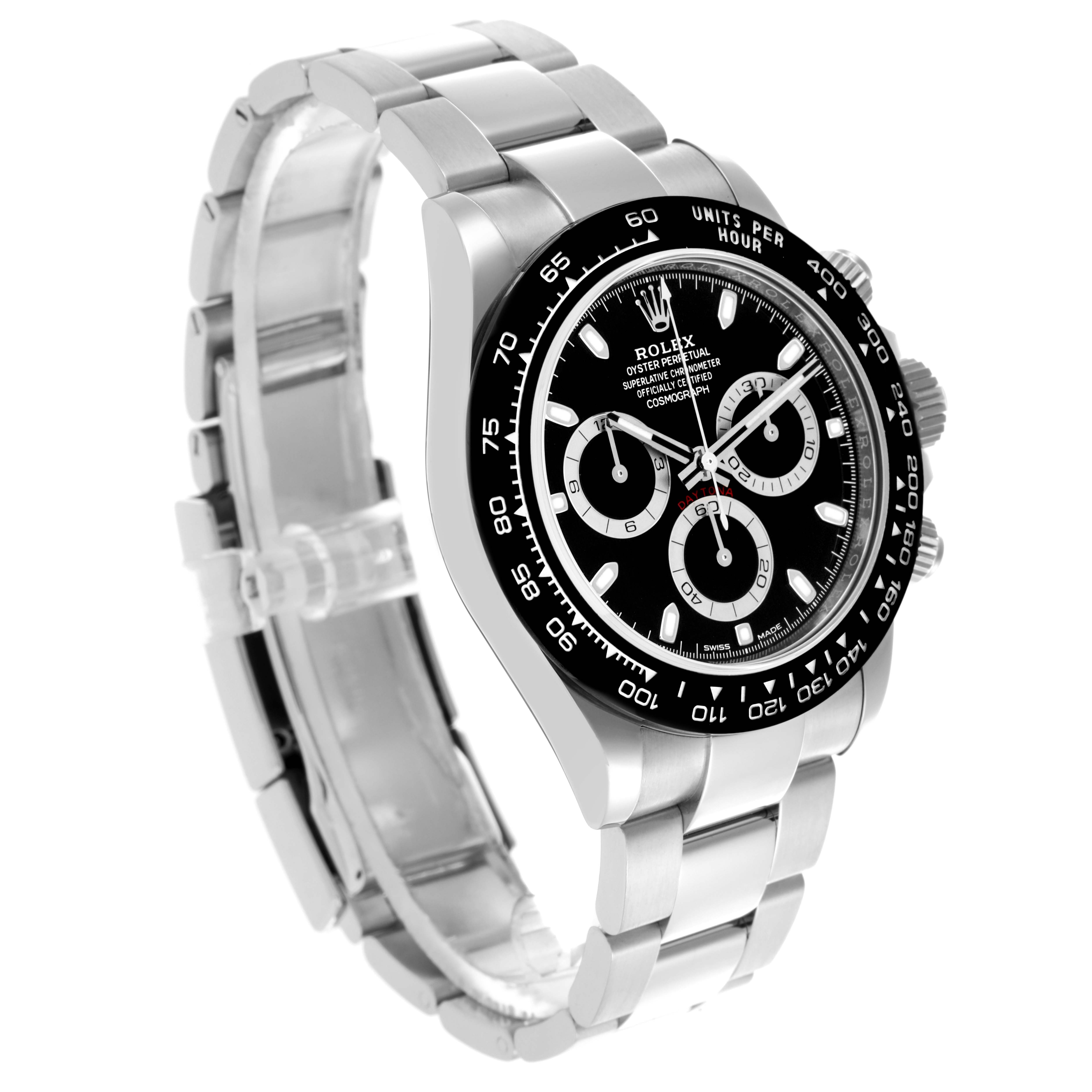 The Rolex Daytona 116500LN Men's Stainless Steel Black Dial 116500LN Men's Stainless Steel Black Dial watch is shown angled from the front-left, highlighting the bezel, dial, and bracelet.
