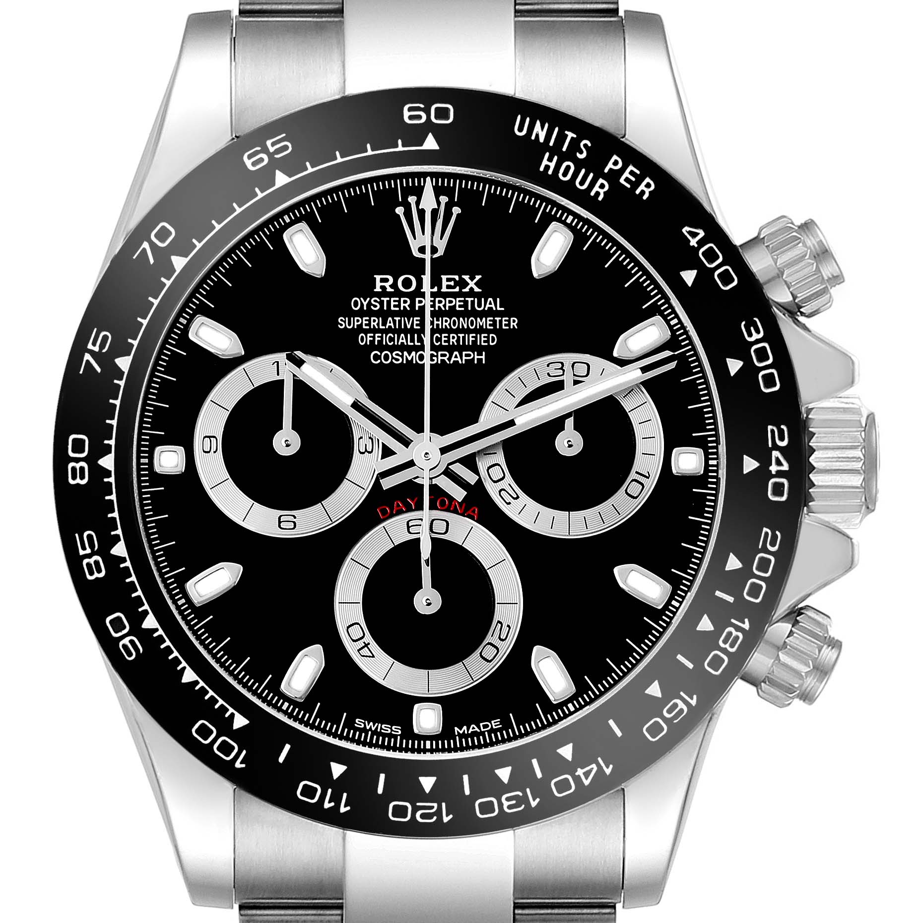 The image shows a frontal view of the Rolex Daytona 116500LN Men's Stainless Steel Black Dial 116500LN Men's Stainless Steel Black Dial watch, highlighting its bezel, subdials, and crown.