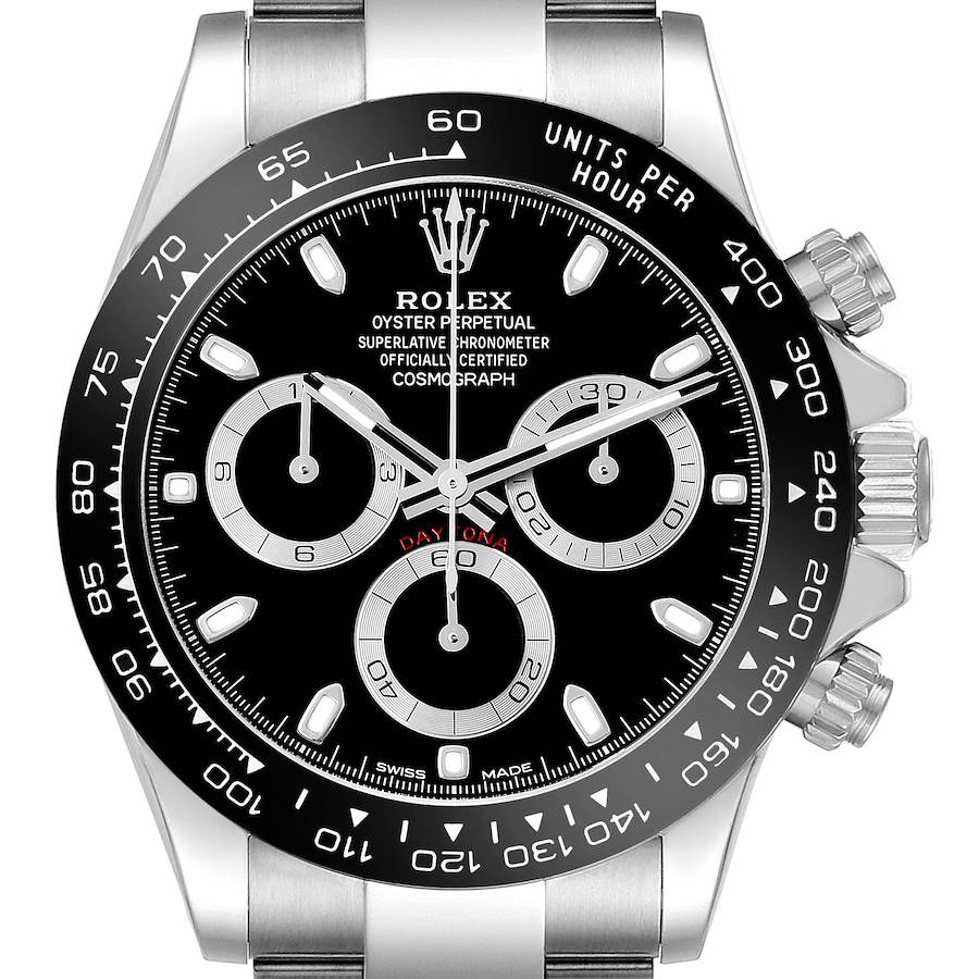 The image shows a frontal view of the Rolex Daytona watch, highlighting its bezel, subdials, and crown.