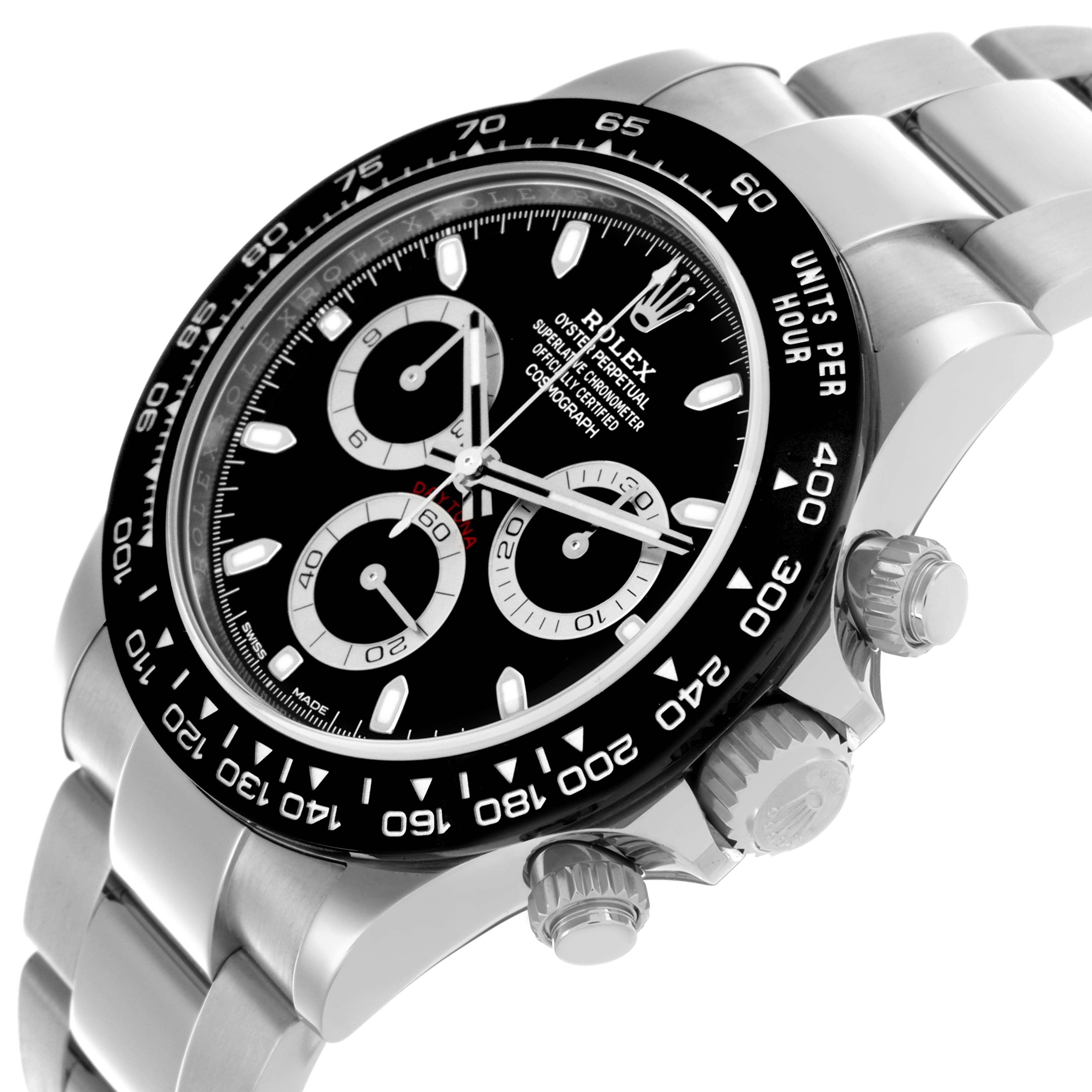 The image shows a side angle of the Rolex Daytona 116500LN Men's Stainless Steel Black Dial 116500LN Men's Stainless Steel Black Dial watch, highlighting the bezel, dial, pushers, and bracelet.