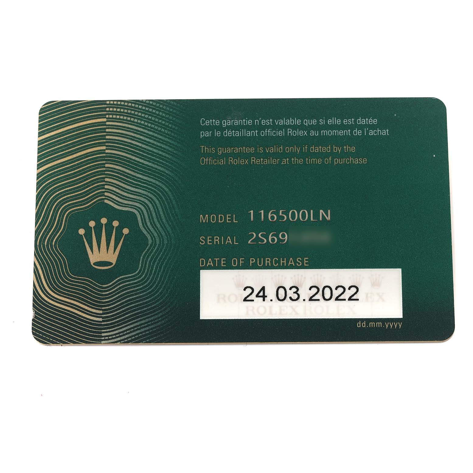 This image shows a warranty card for a Rolex Daytona 116500LN Men's Stainless Steel Black Dial 116500LN Men's Stainless Steel Black Dial, model 116500LN, with purchase details.