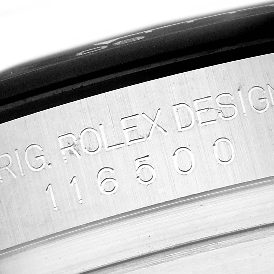 The image shows the edge of the case back of a Rolex Daytona 116500LN Men's Stainless Steel Black Dial 116500LN Men's Stainless Steel Black Dial, focusing on the engraved model number "116500."
