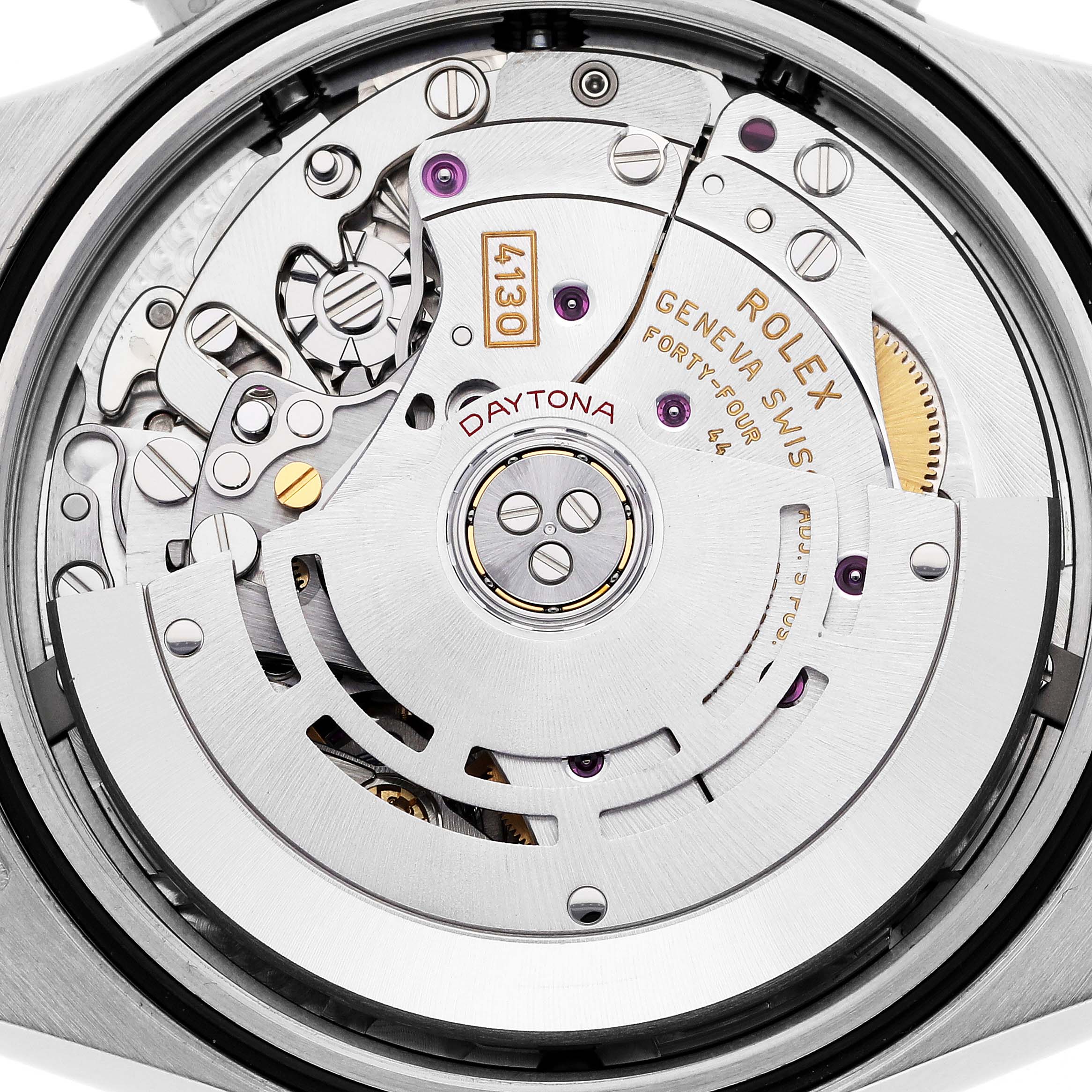 The image shows the movement of a Rolex Daytona 116500LN Men's Stainless Steel Black Dial 116500LN Men's Stainless Steel Black Dial watch from a top-down angle, highlighting intricate mechanical components.