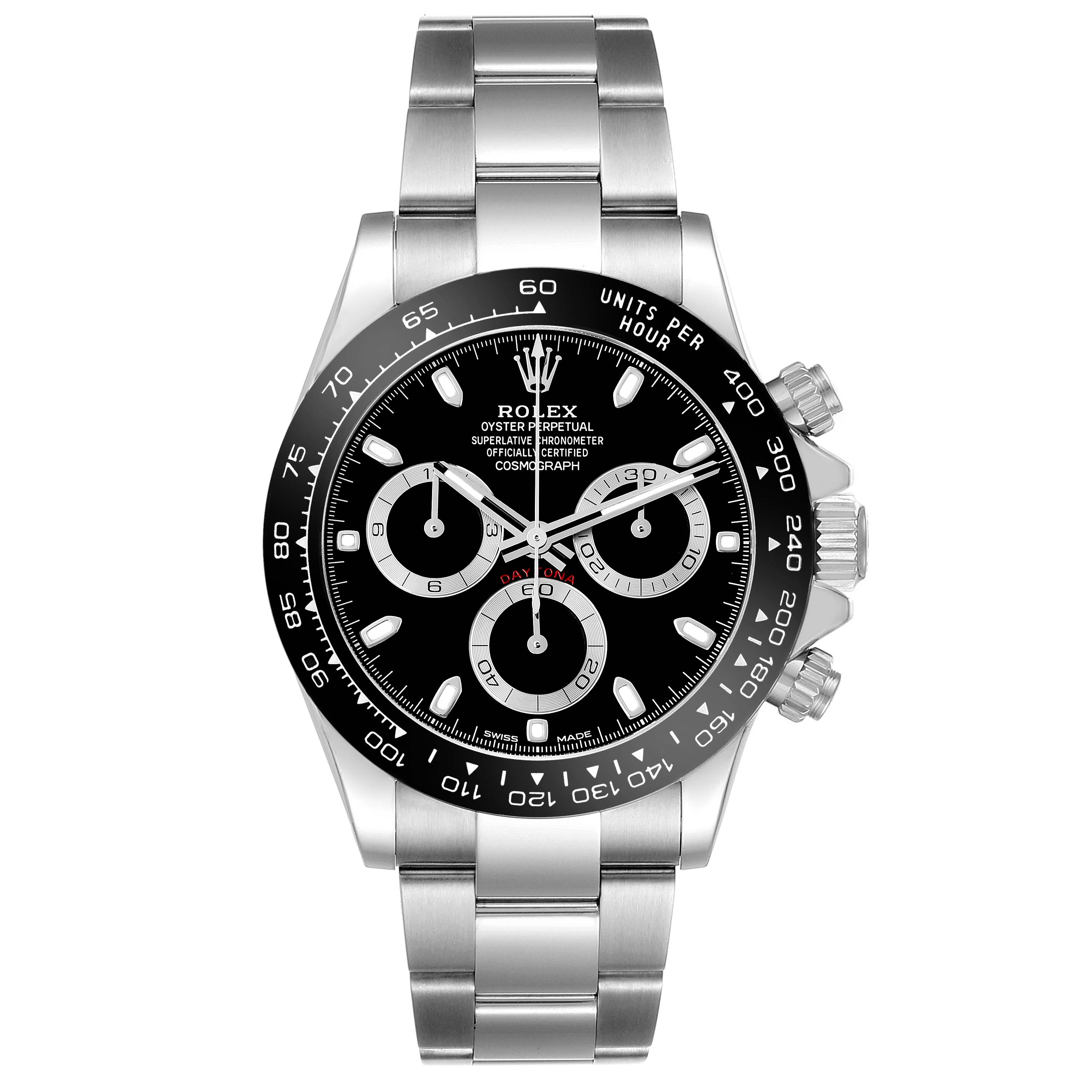The Rolex Daytona 116500LN Men's Stainless Steel Black Dial 116500LN Men's Stainless Steel Black Dial watch is shown from the front, highlighting the dial, bezel, and bracelet.