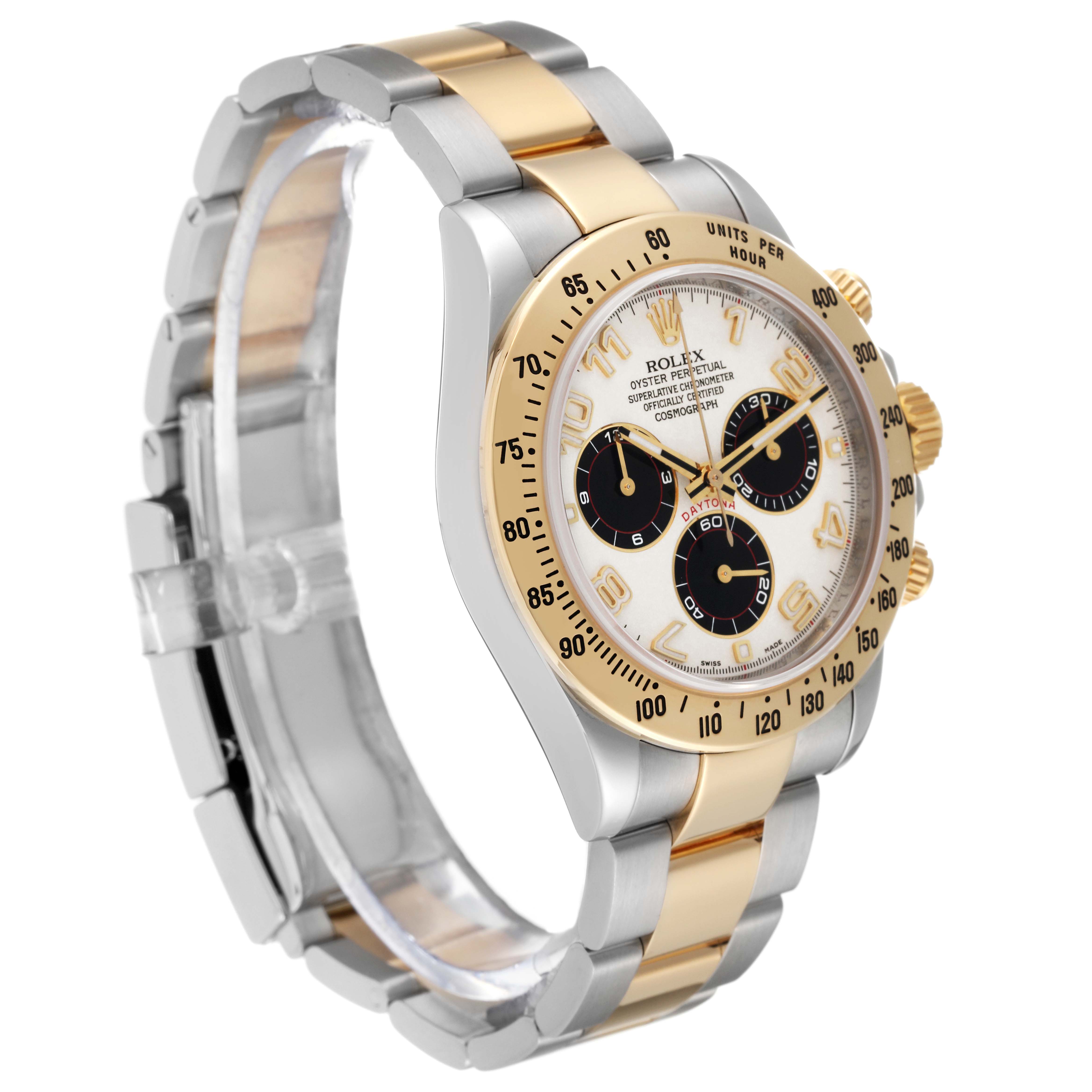 The image shows a side-angle view of a Rolex Daytona 116523 Men's Steel and Gold (two tone) Silver Dial 116523 Men's Steel and Gold (two tone) Silver Dial model watch, highlighting its two-tone band and chronograph dials.
