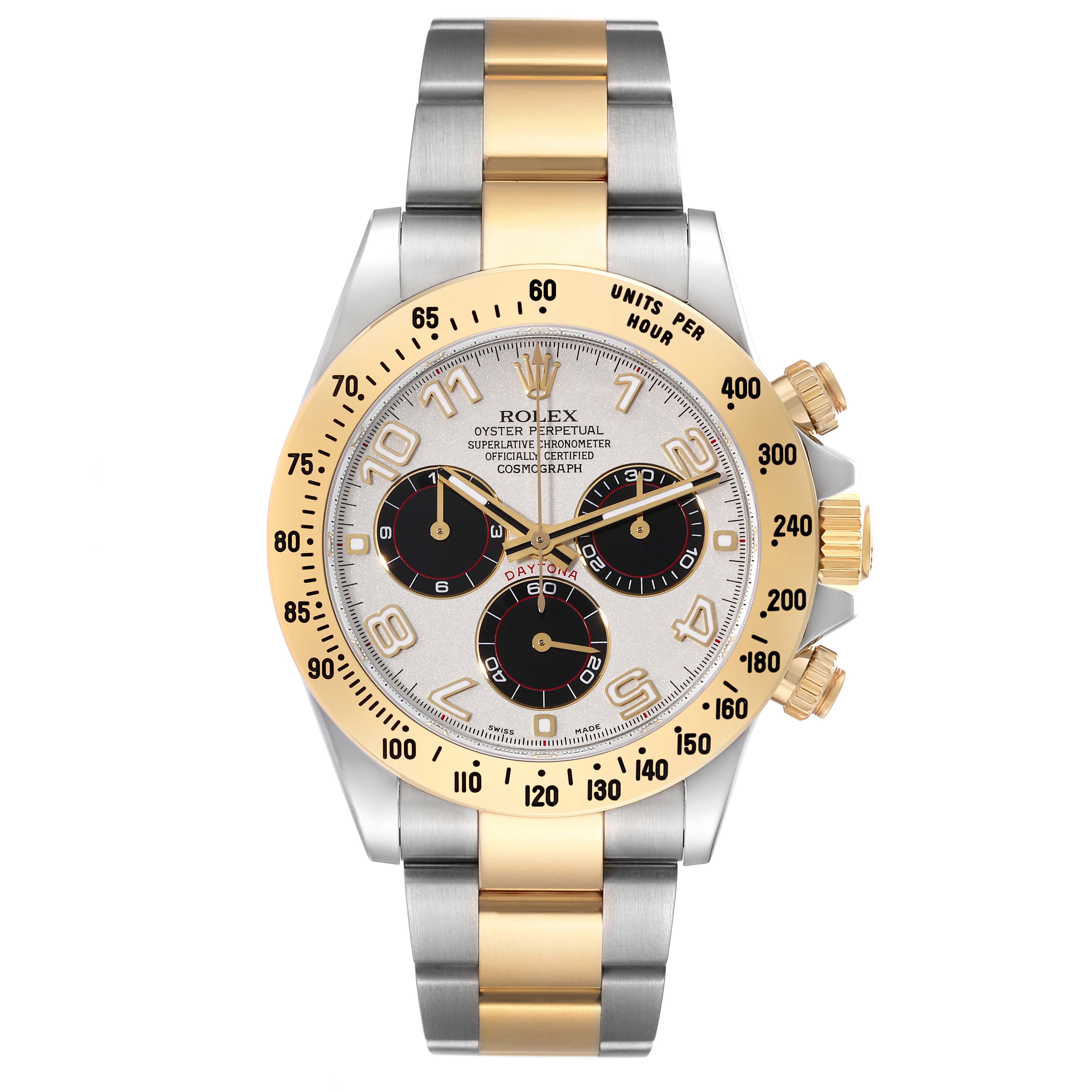 This image shows a Rolex Daytona 116523 Men's Steel and Gold (two tone) Silver Dial 116523 Men's Steel and Gold (two tone) Silver Dial watch facing front, highlighting its dial, bezel, and two-tone bracelet.