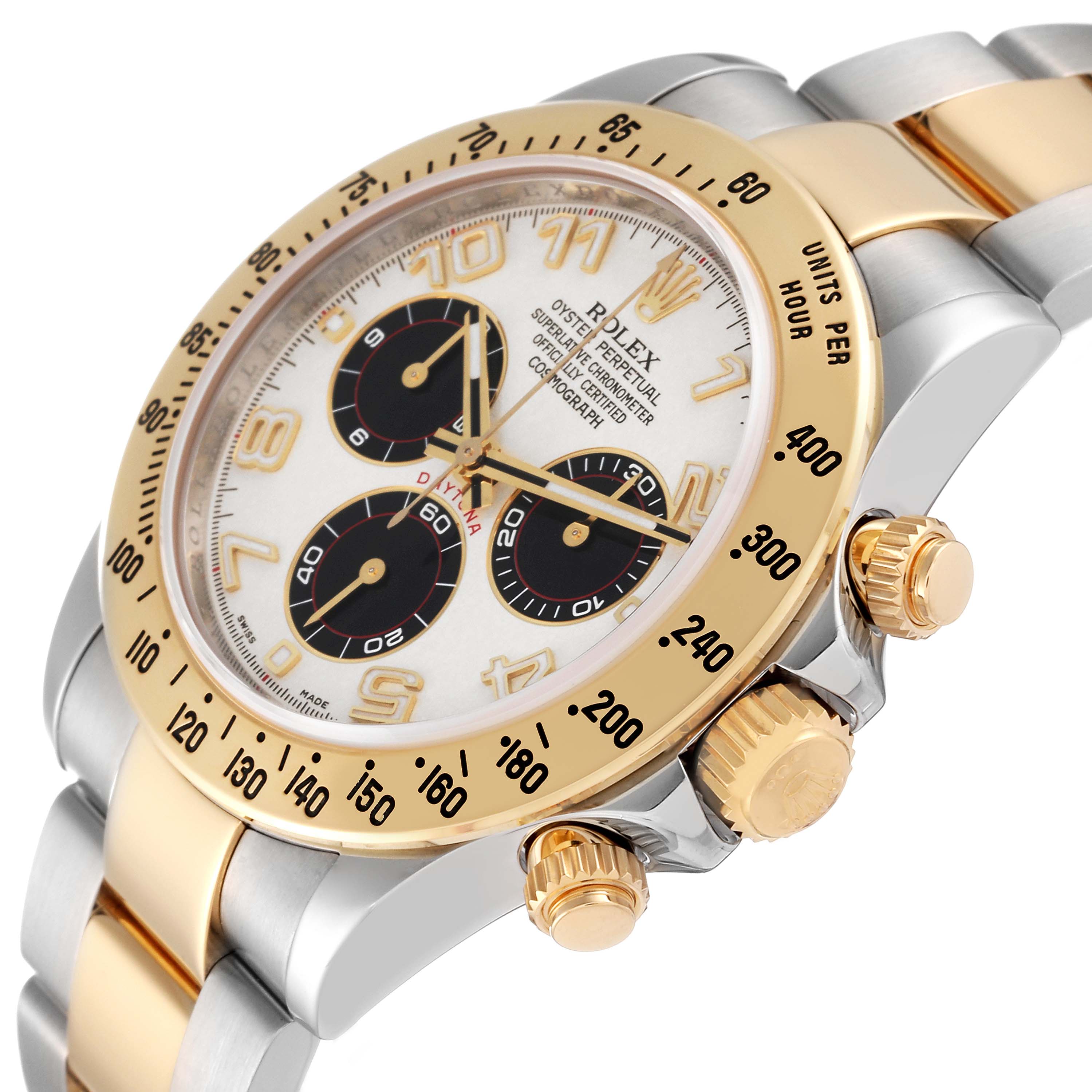 The image shows a close-up angled view of a Rolex Daytona 116523 Men's Steel and Gold (two tone) Silver Dial 116523 Men's Steel and Gold (two tone) Silver Dial model watch, highlighting its gold and silver bezel, crown, and chronograph subdials.