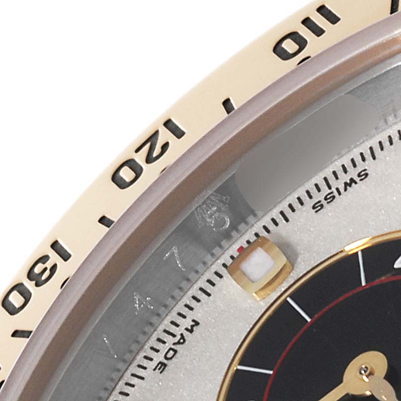 The image shows a close-up of the dial and bezel of a Rolex Daytona 116523 Men's Steel and Gold (two tone) Silver Dial 116523 Men's Steel and Gold (two tone) Silver Dial watch, focusing on the numeral section and subdial.