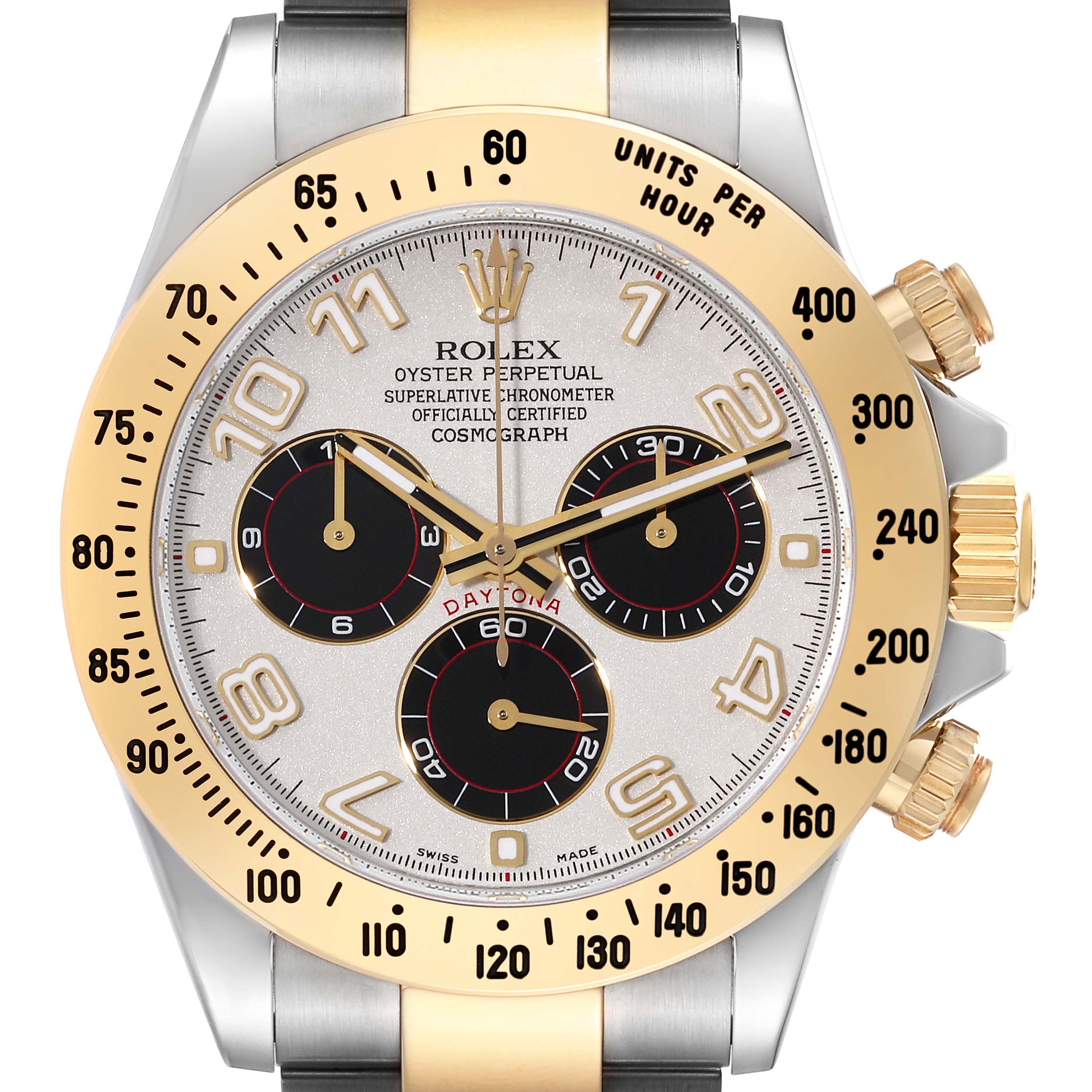 The image shows a frontal view of the Rolex Daytona 116523 Men's Steel and Gold (two tone) Silver Dial 116523 Men's Steel and Gold (two tone) Silver Dial watch face, including its dials, bezel, and crown.