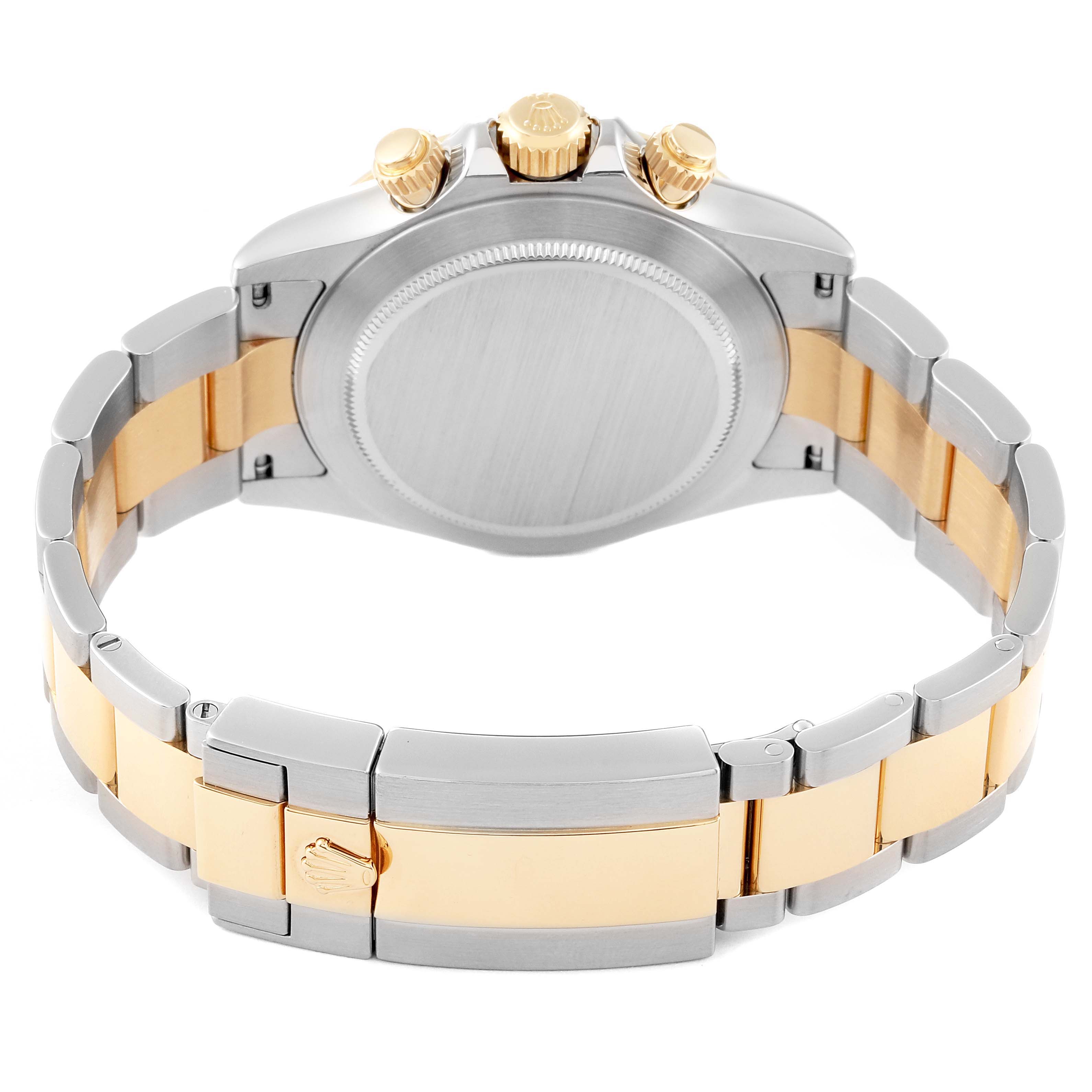 This image shows the back and bracelet of the Rolex Daytona 116523 Men's Steel and Gold (two tone) Silver Dial 116523 Men's Steel and Gold (two tone) Silver Dial watch, displaying its two-tone metal design and clasp.