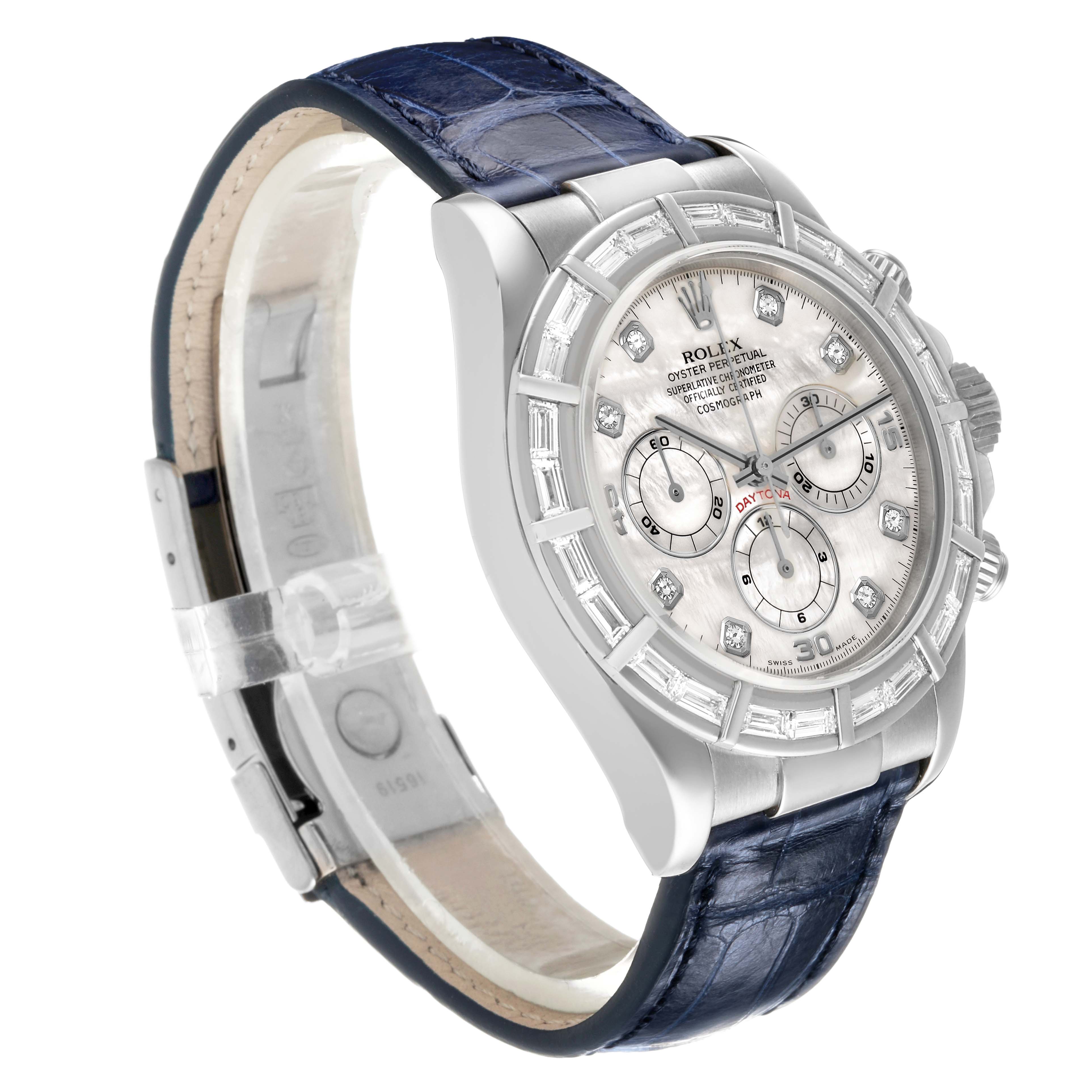 The Rolex Daytona 16589 Men's White Gold Mother of Pearl Dial watch is shown at a tilted angle, highlighting the face, bezel, and blue leather strap.