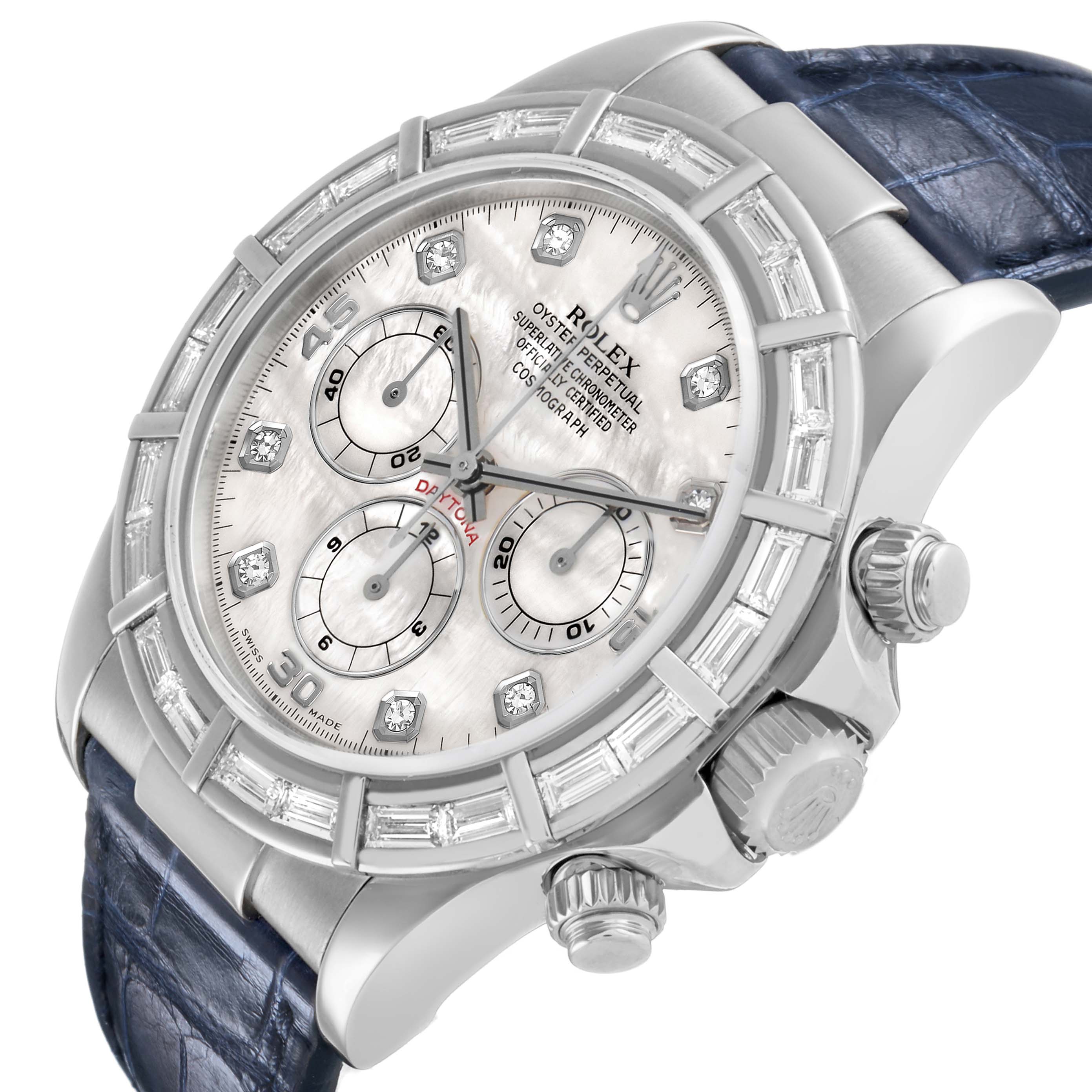 The Rolex Daytona 16589 Men's White Gold Mother of Pearl Dial watch is shown at an angle highlighting the bezel, dial, subdials, and crown with a blue strap.