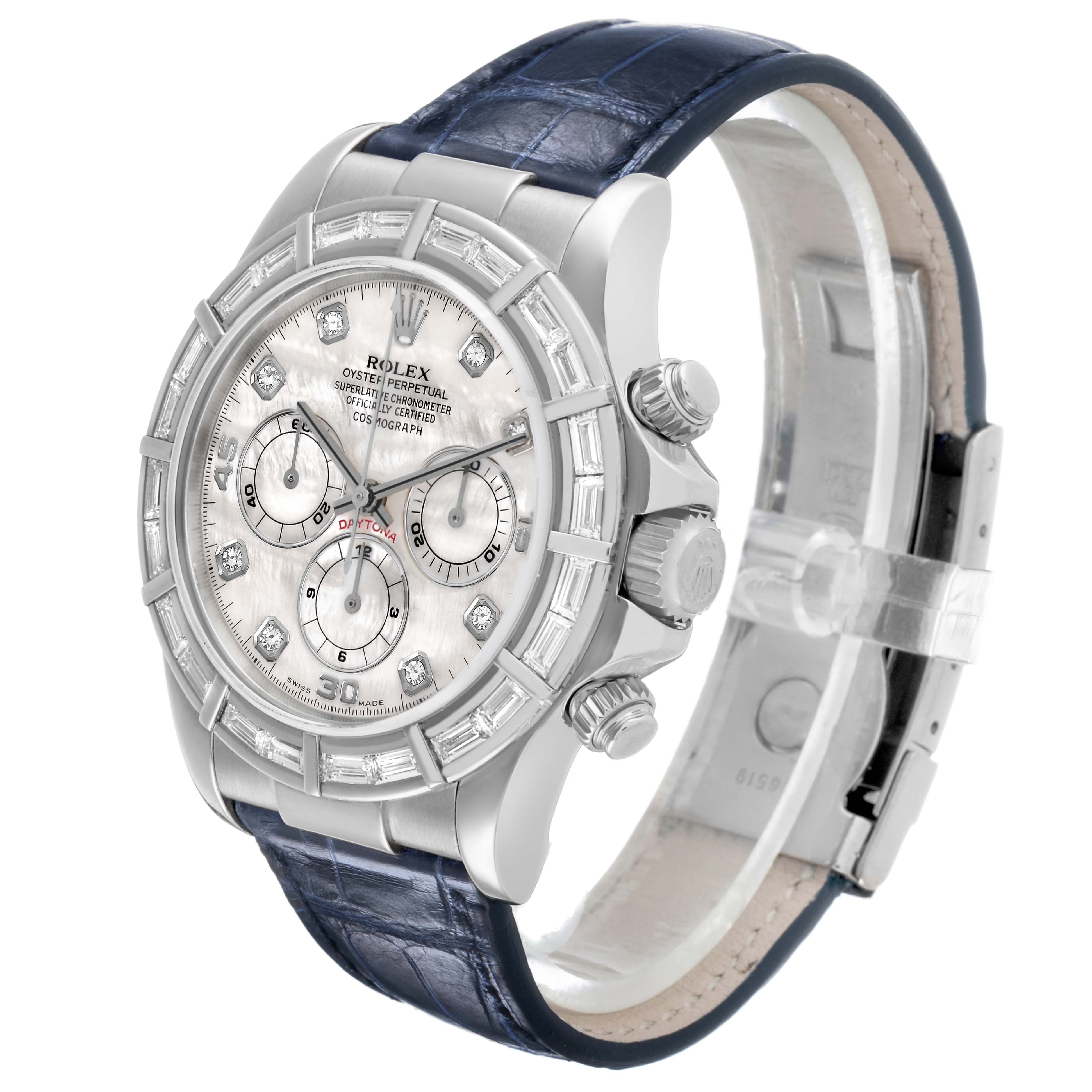 The Rolex Daytona 16589 Men's White Gold Mother of Pearl Dial watch is shown at a slight angle, displaying the face, bezel, crown, pushers, and strap.