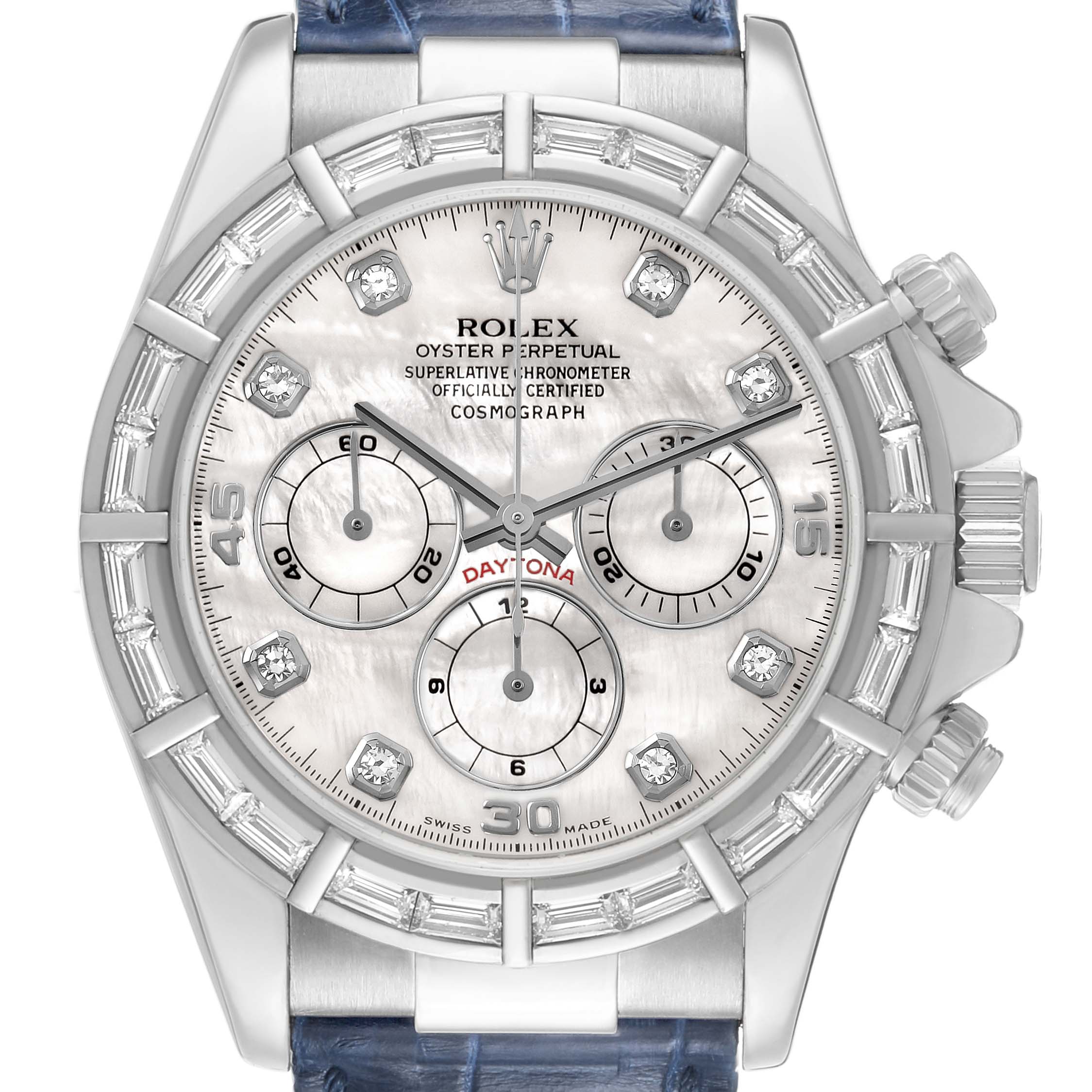 The Rolex Daytona 16589 Men's White Gold Mother of Pearl Dial watch is shown from a top-down angle, highlighting its bezel, dials, and crown features.
