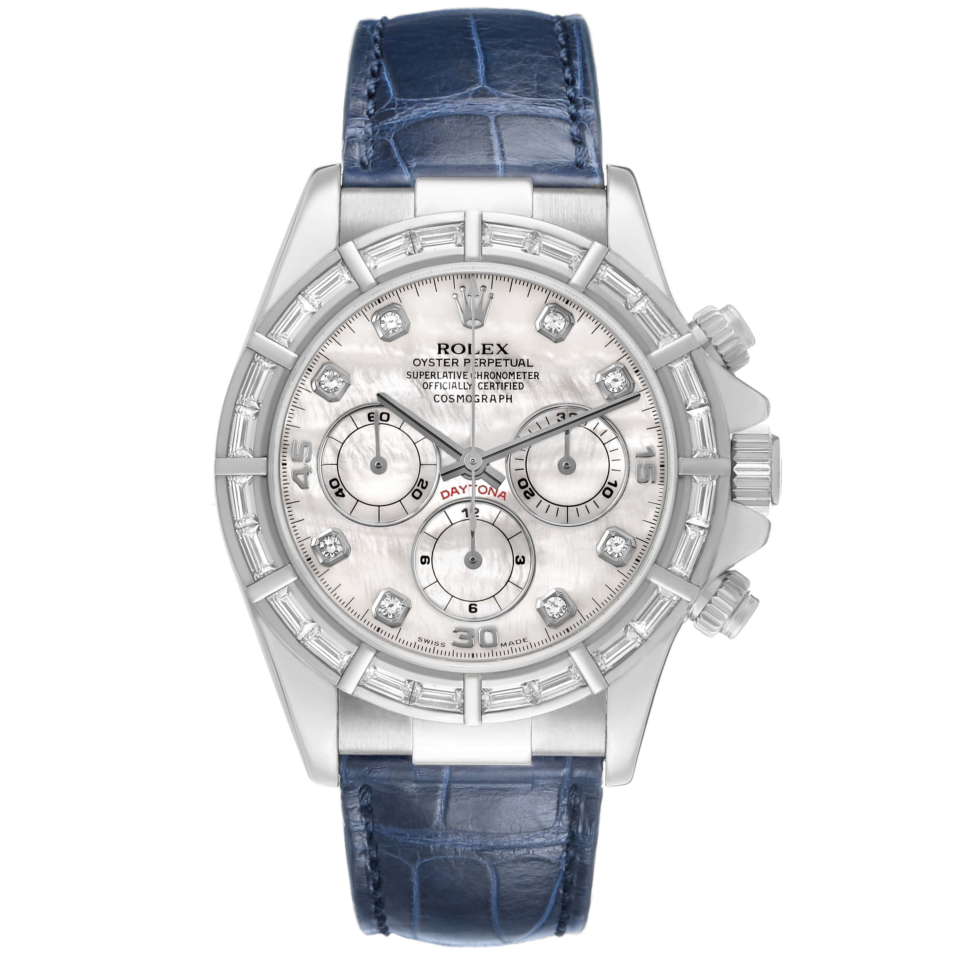 The Rolex Daytona 16589 Men's White Gold Mother of Pearl Dial watch is shown from the front, displaying its dial, subdials, case, bezel, and blue leather strap.