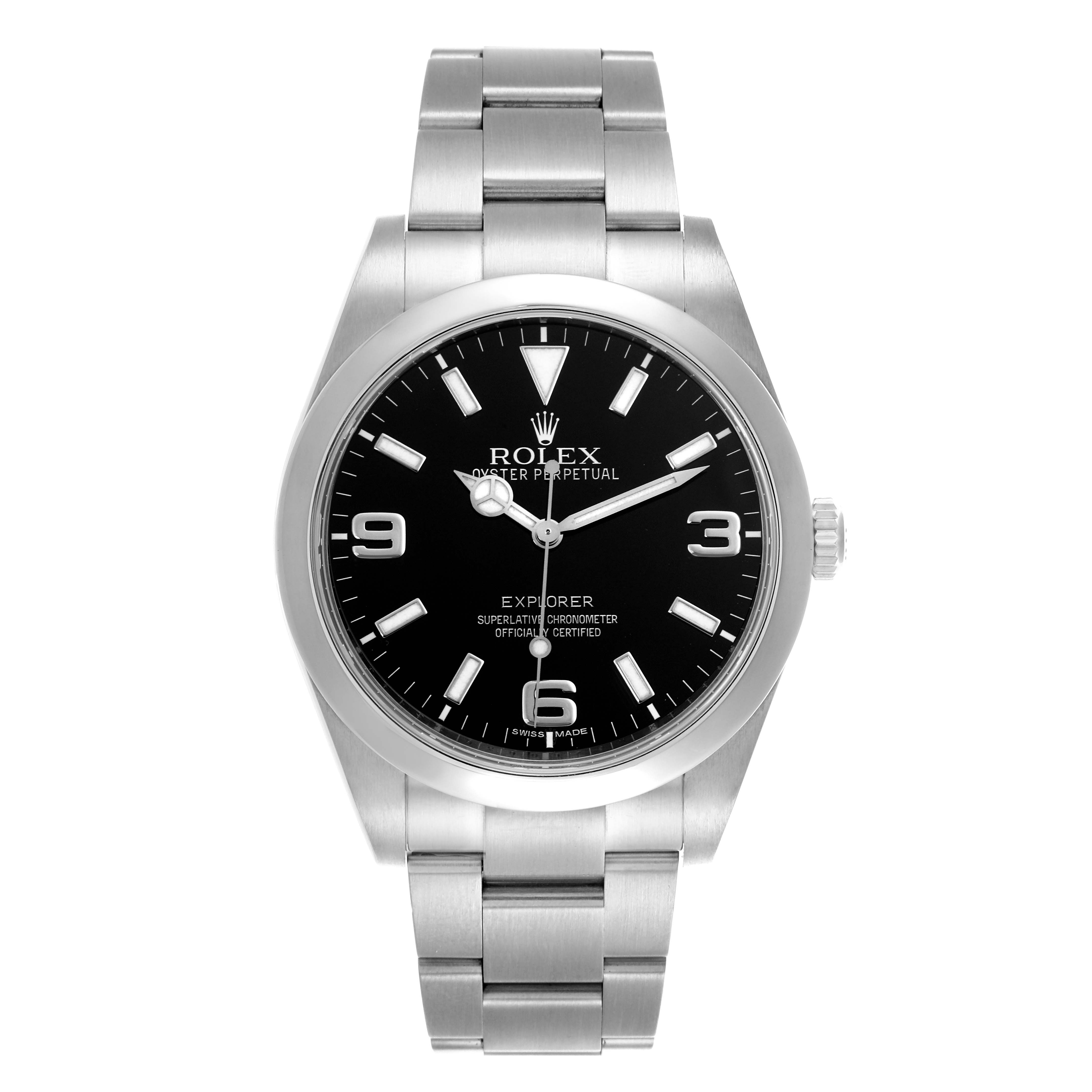 The Rolex Explorer 214270 Men's Stainless Steel Black Dial 214270 Men's Stainless Steel Black Dial watch is shown from a front view, displaying the full dial, bezel, crown, and bracelet.