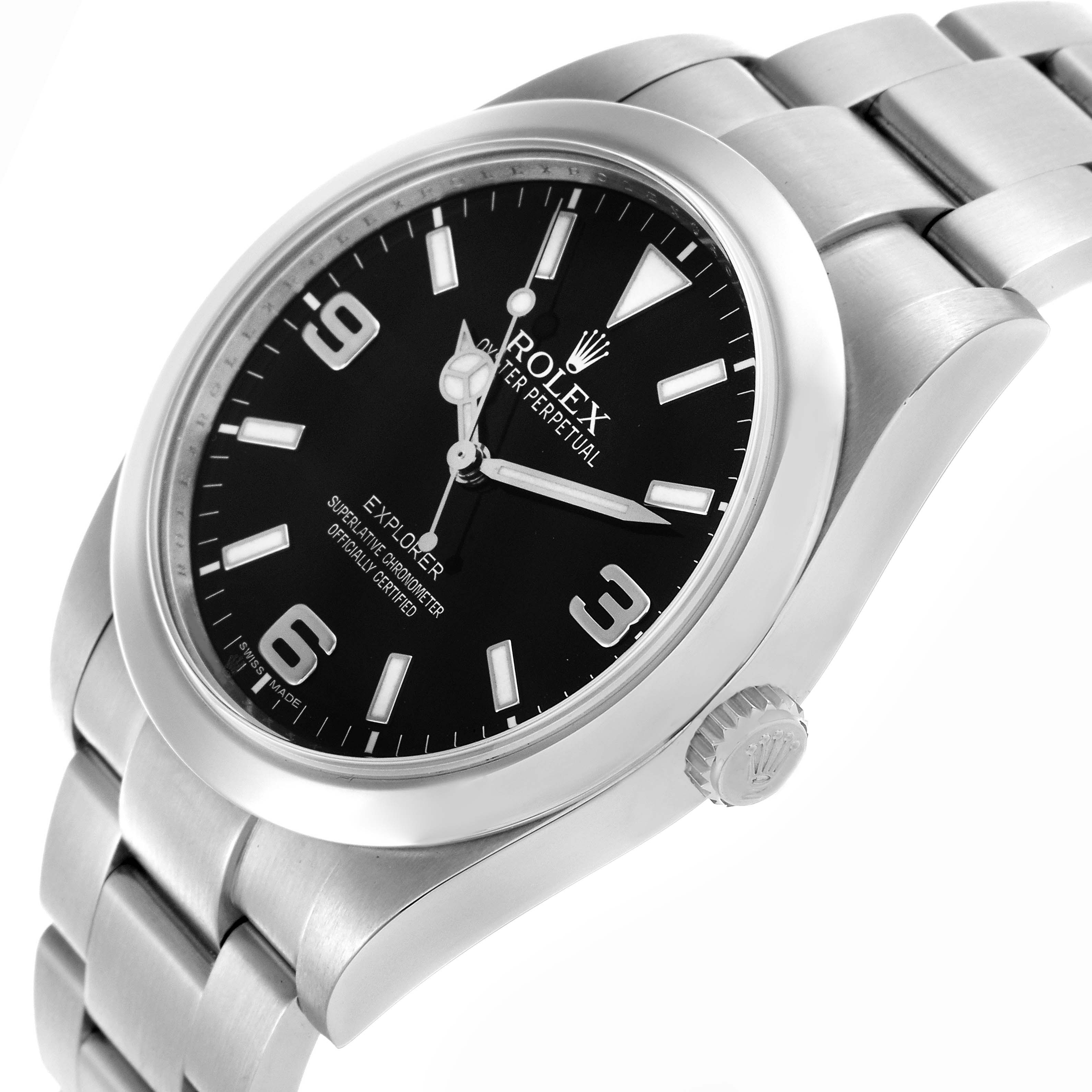 The Rolex Explorer 214270 Men's Stainless Steel Black Dial 214270 Men's Stainless Steel Black Dial is shown at an angled view displaying the watch face, bezel, crown, and bracelet.