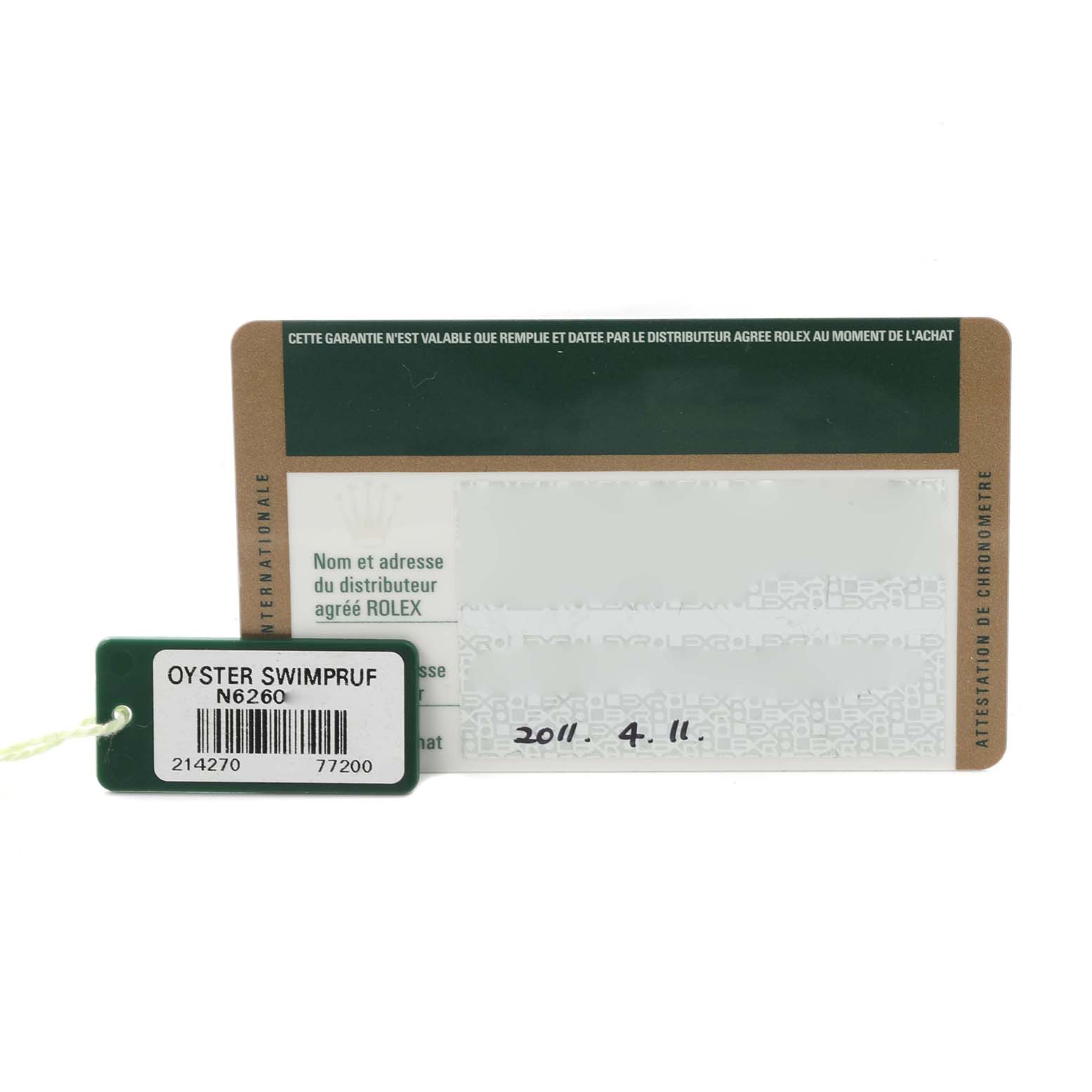 The image shows a Rolex Explorer 214270 Men's Stainless Steel Black Dial 214270 Men's Stainless Steel Black Dial warranty card and an Oyster Swimpruf tag with model information.