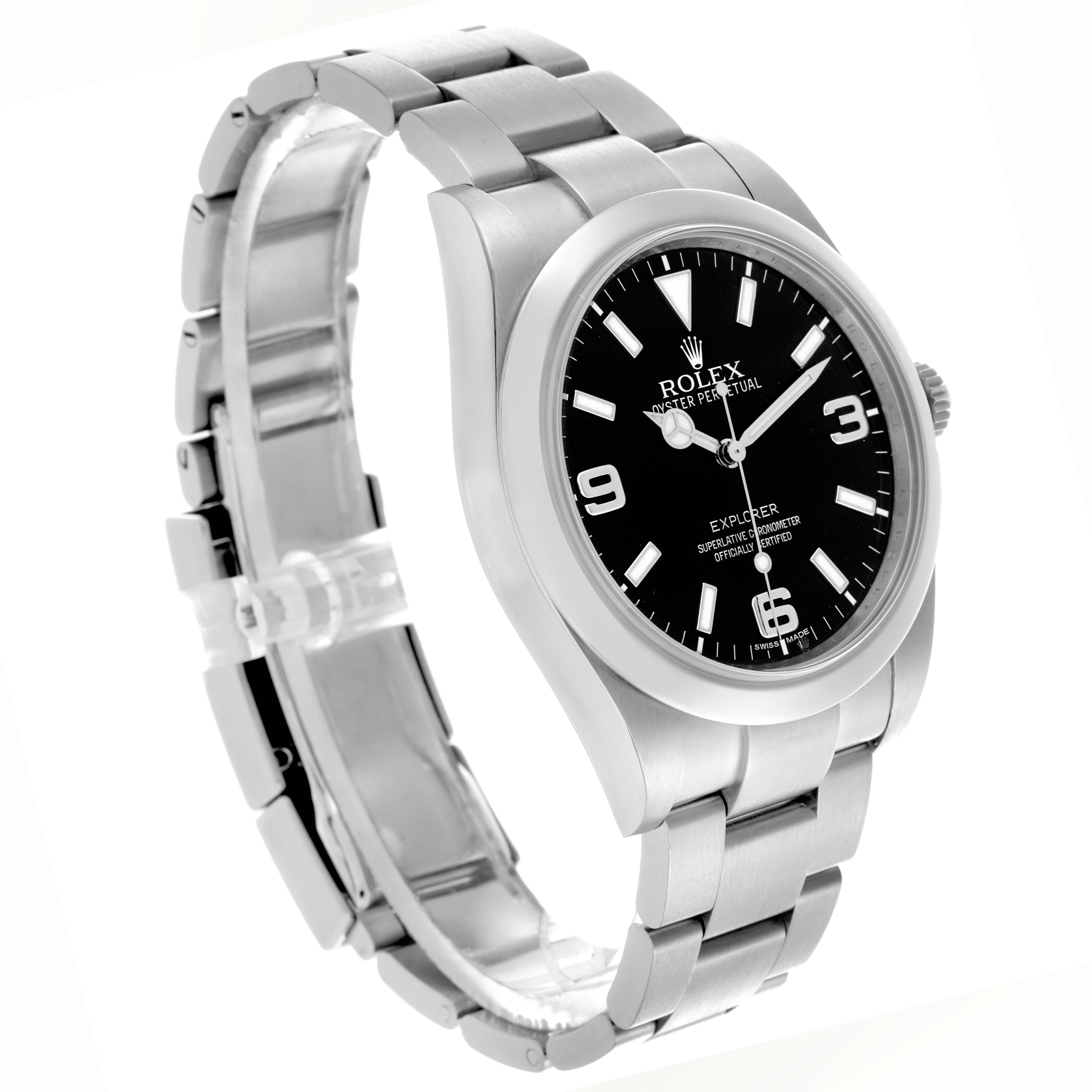 The Rolex Explorer 214270 Men's Stainless Steel Black Dial 214270 Men's Stainless Steel Black Dial watch is shown at a three-quarter angle, highlighting the face, bezel, and part of the bracelet.