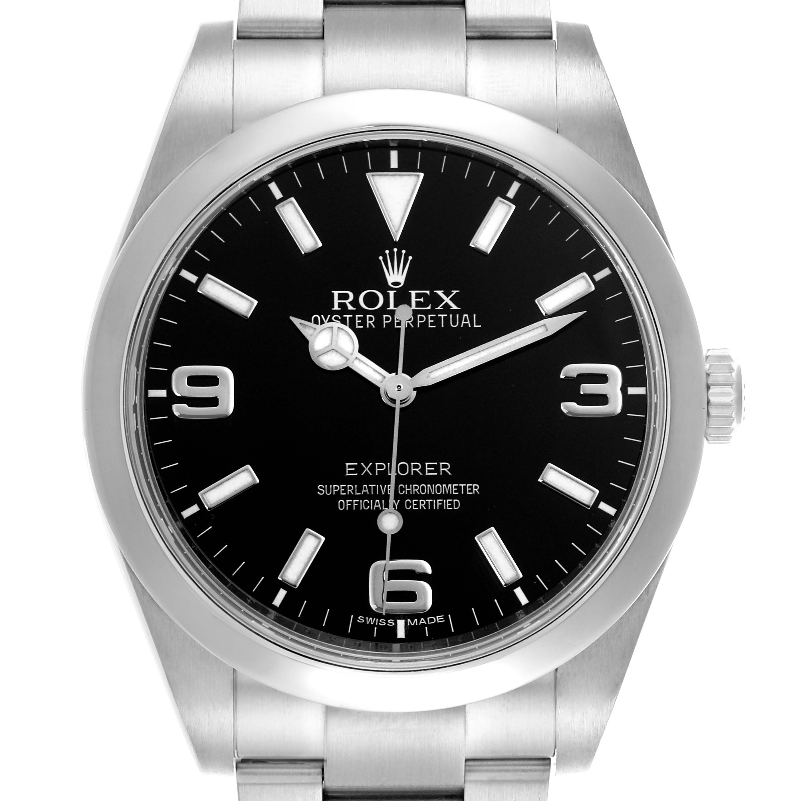 The Rolex Explorer 214270 Men's Stainless Steel Black Dial 214270 Men's Stainless Steel Black Dial watch is shown from the front, displaying the dial, bezel, and part of the bracelet.