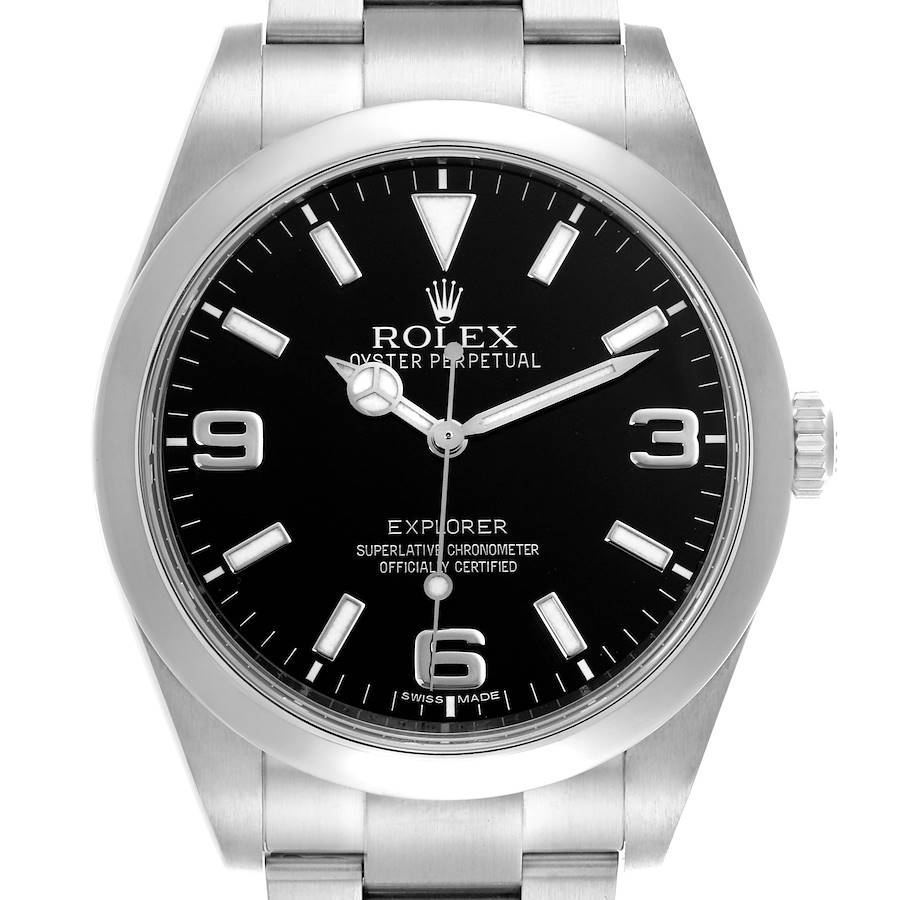 The Rolex Explorer watch is shown from the front, displaying the dial, bezel, and part of the bracelet.