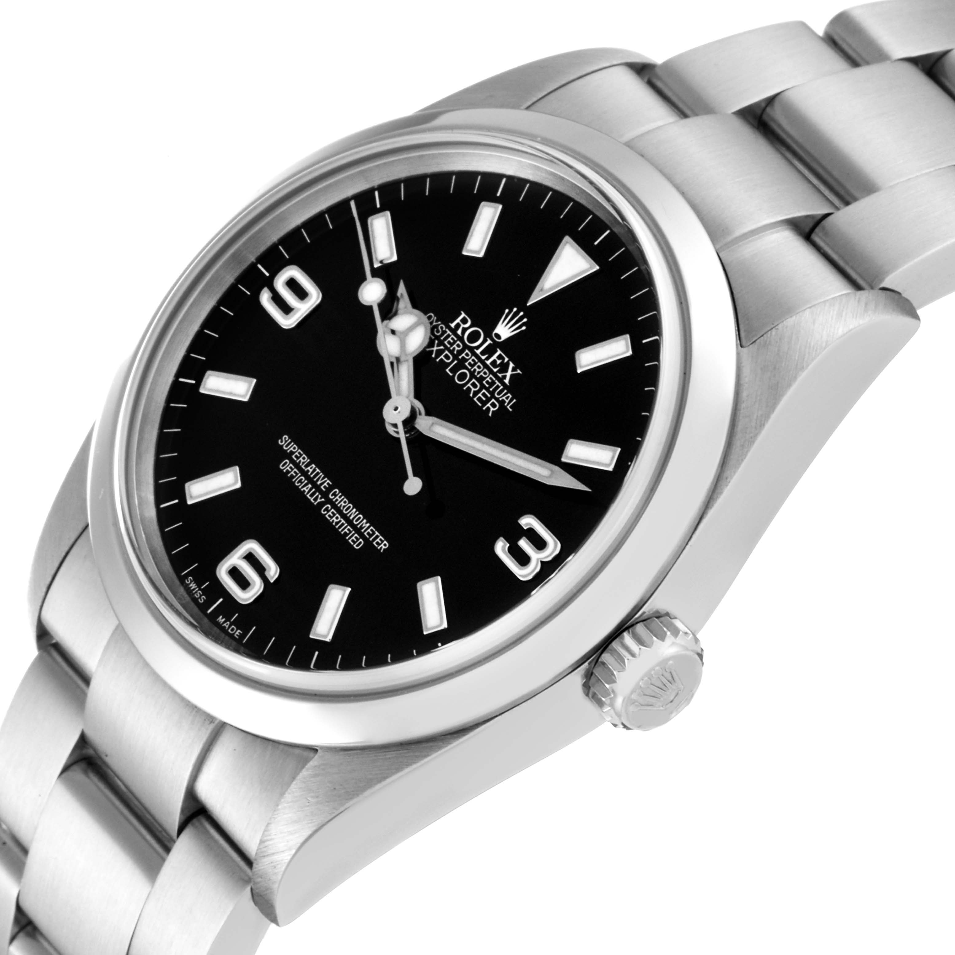 This image shows a side angle of the Rolex Explorer 114270 Men's Stainless Steel Black Dial 114270 Men's Stainless Steel Black Dial model watch, highlighting the face, crown, and part of the bracelet.