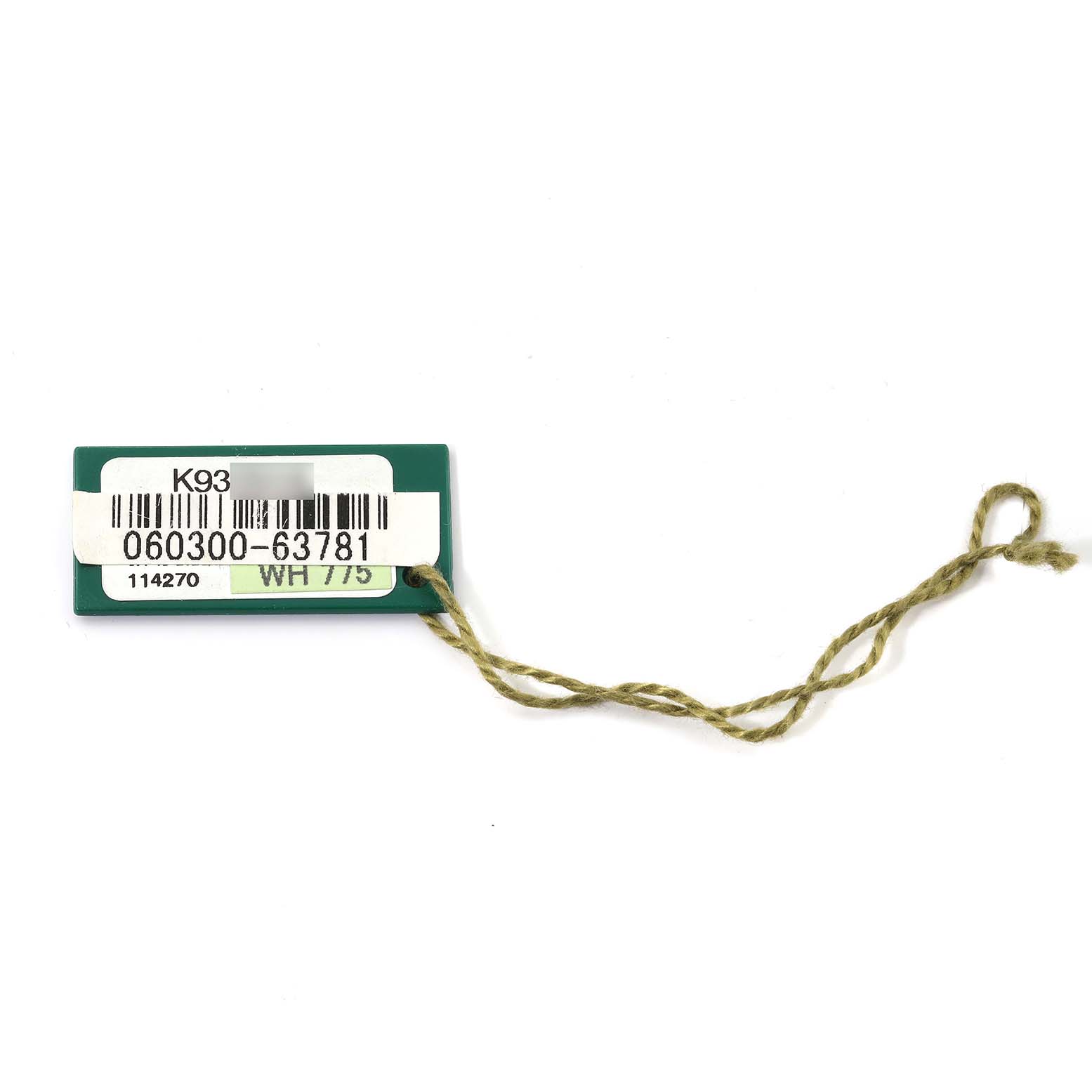 The image shows a green tag with a barcode, model numbers, and a string, likely a part of the Rolex Explorer 114270 Men's Stainless Steel Black Dial 114270 Men's Stainless Steel Black Dial watch accessories.