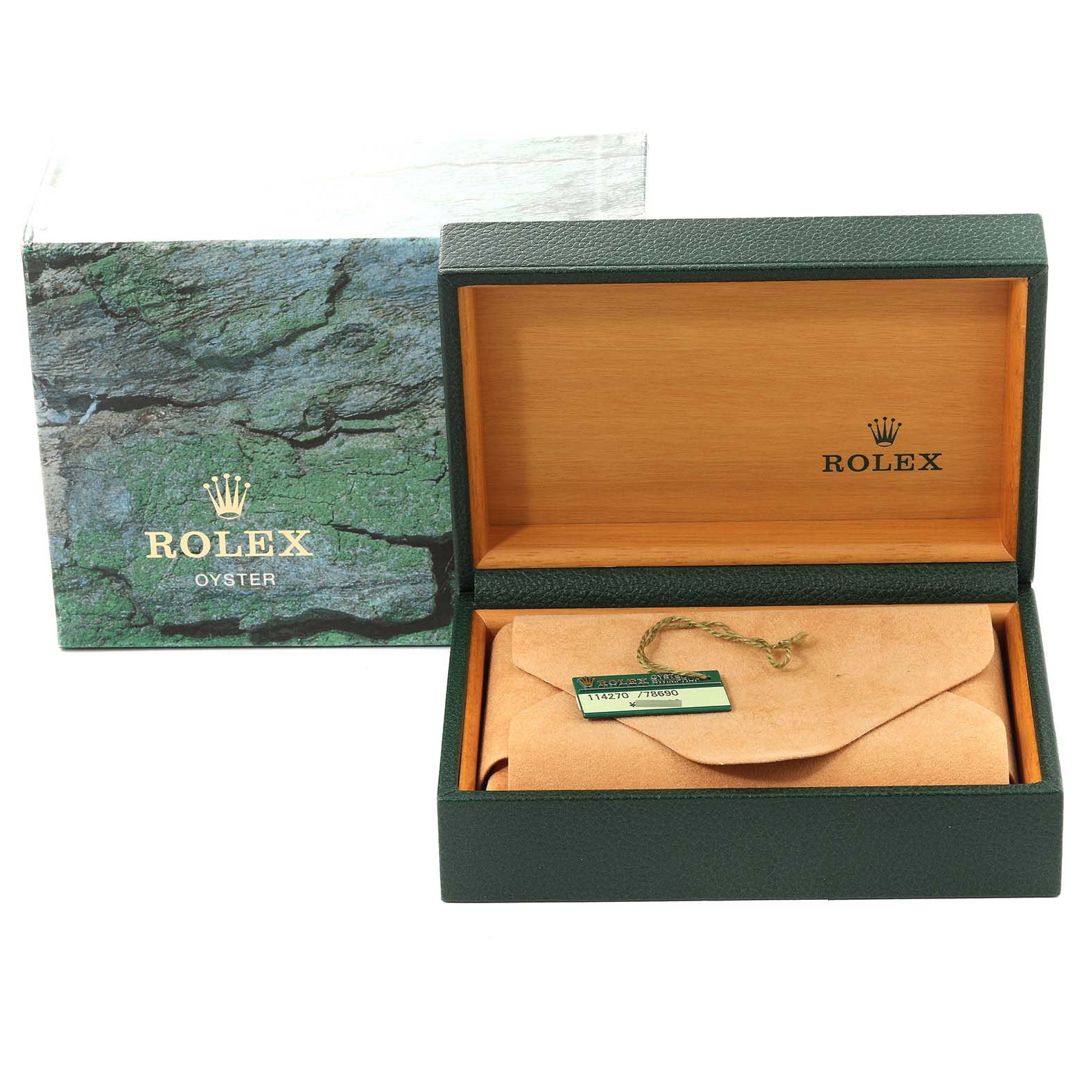 This image shows the open box and packaging for a Rolex Explorer 114270 Men's Stainless Steel Black Dial 114270 Men's Stainless Steel Black Dial watch at a front angle.