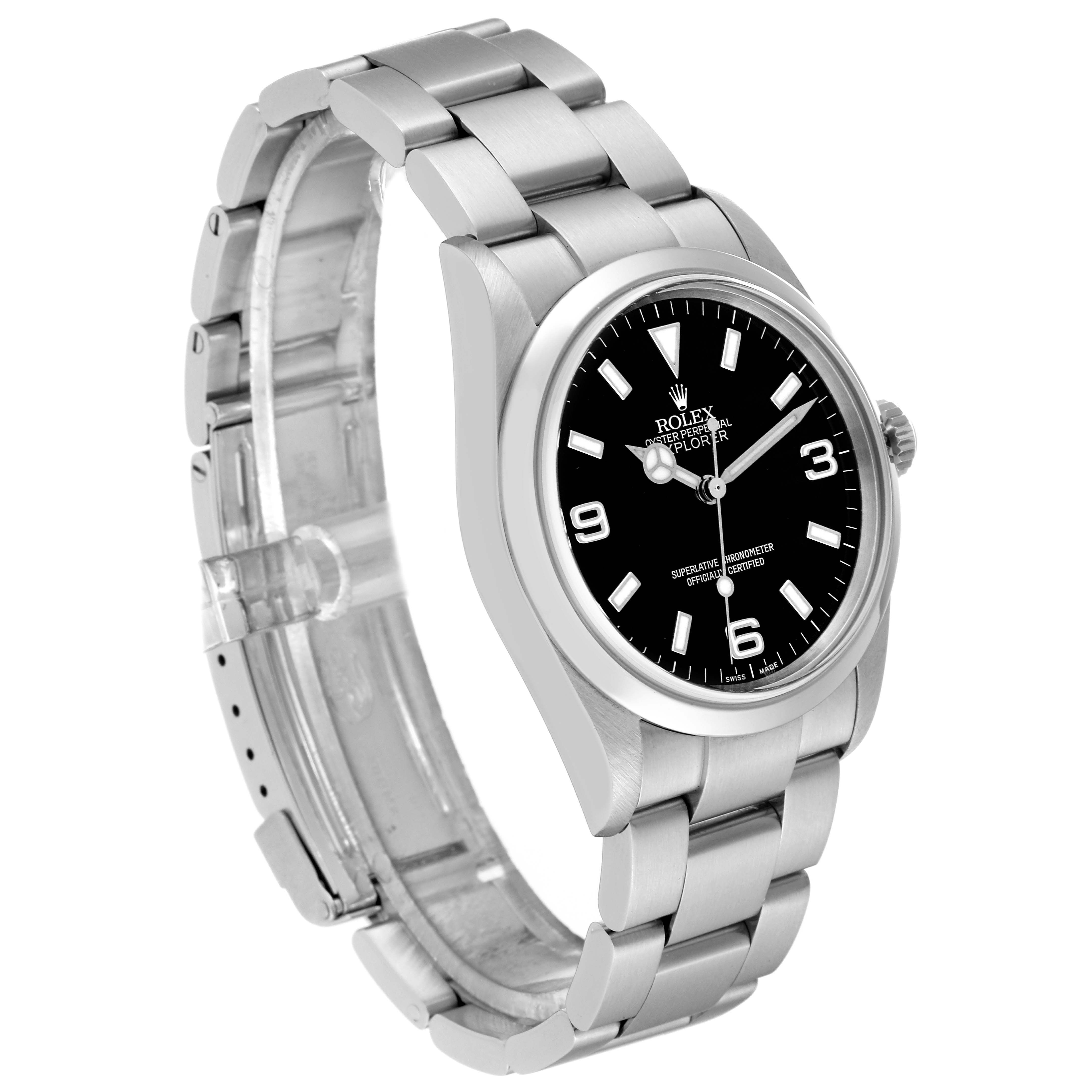 The Rolex Explorer 114270 Men's Stainless Steel Black Dial 114270 Men's Stainless Steel Black Dial watch is shown from a three-quarter angle with a focus on the dial and bracelet.
