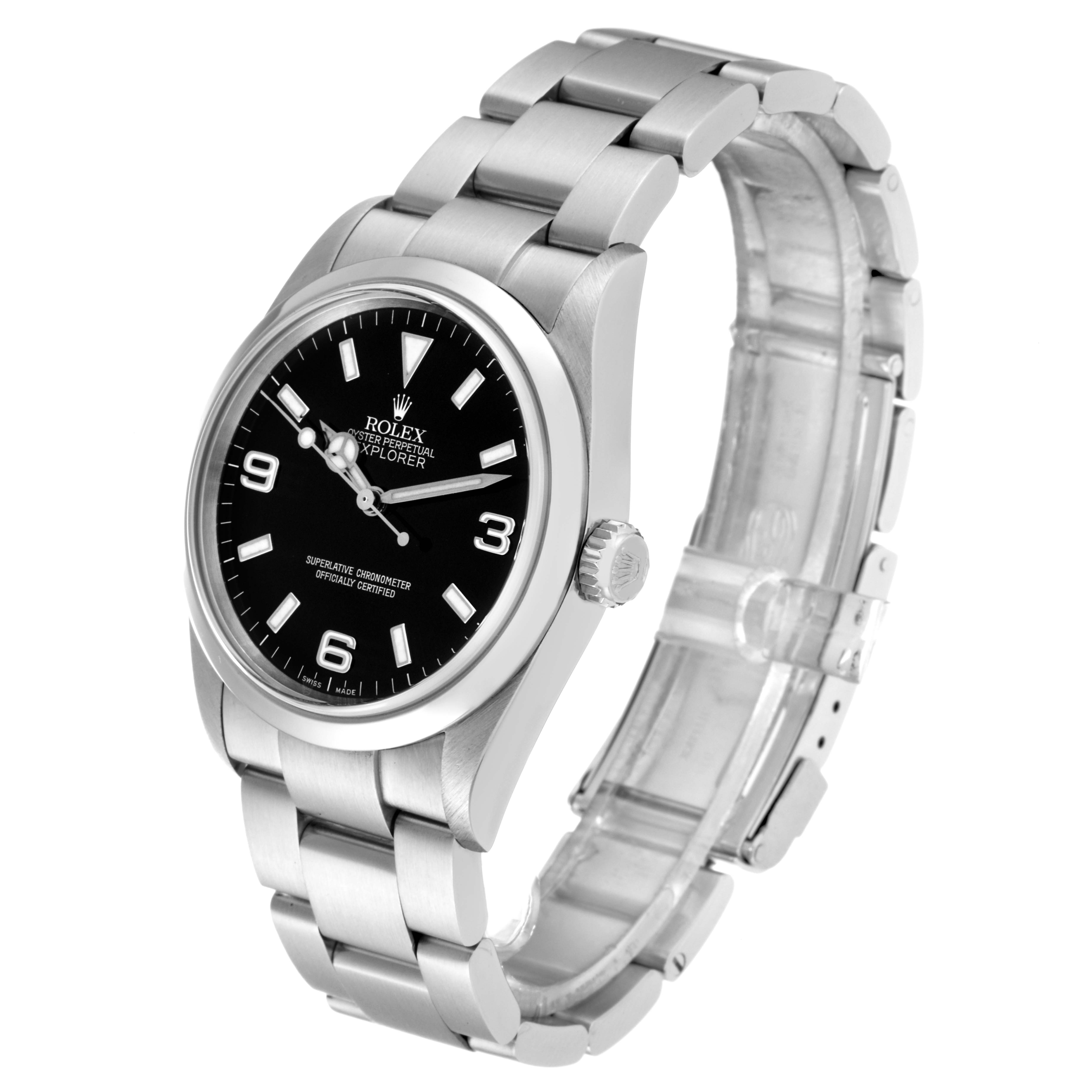 The Rolex Explorer 114270 Men's Stainless Steel Black Dial 114270 Men's Stainless Steel Black Dial watch is shown at a three-quarter angle, highlighting its face, bezel, crown, and bracelet.